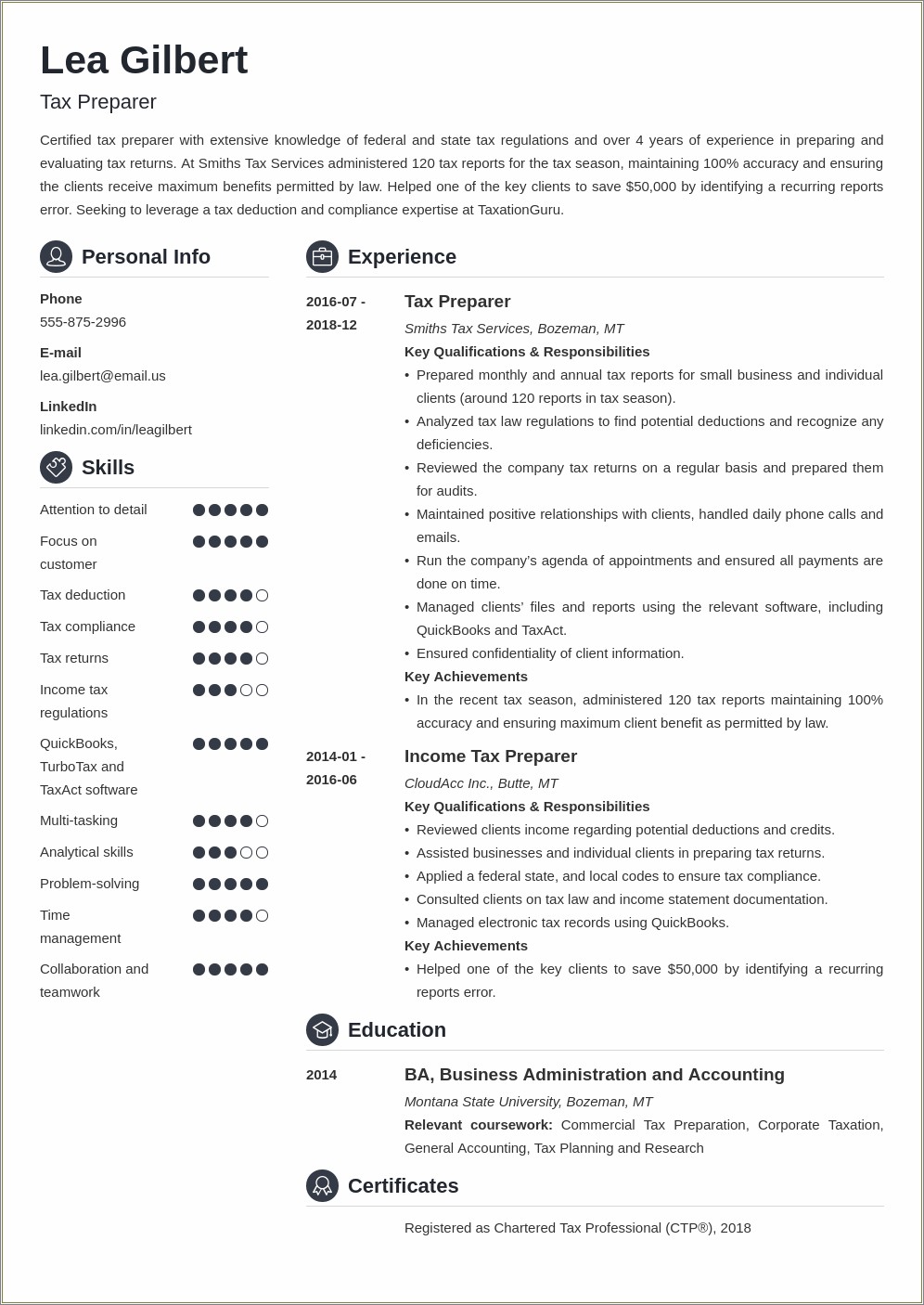 Tax Preparer Resume Sample In Microsoft Word