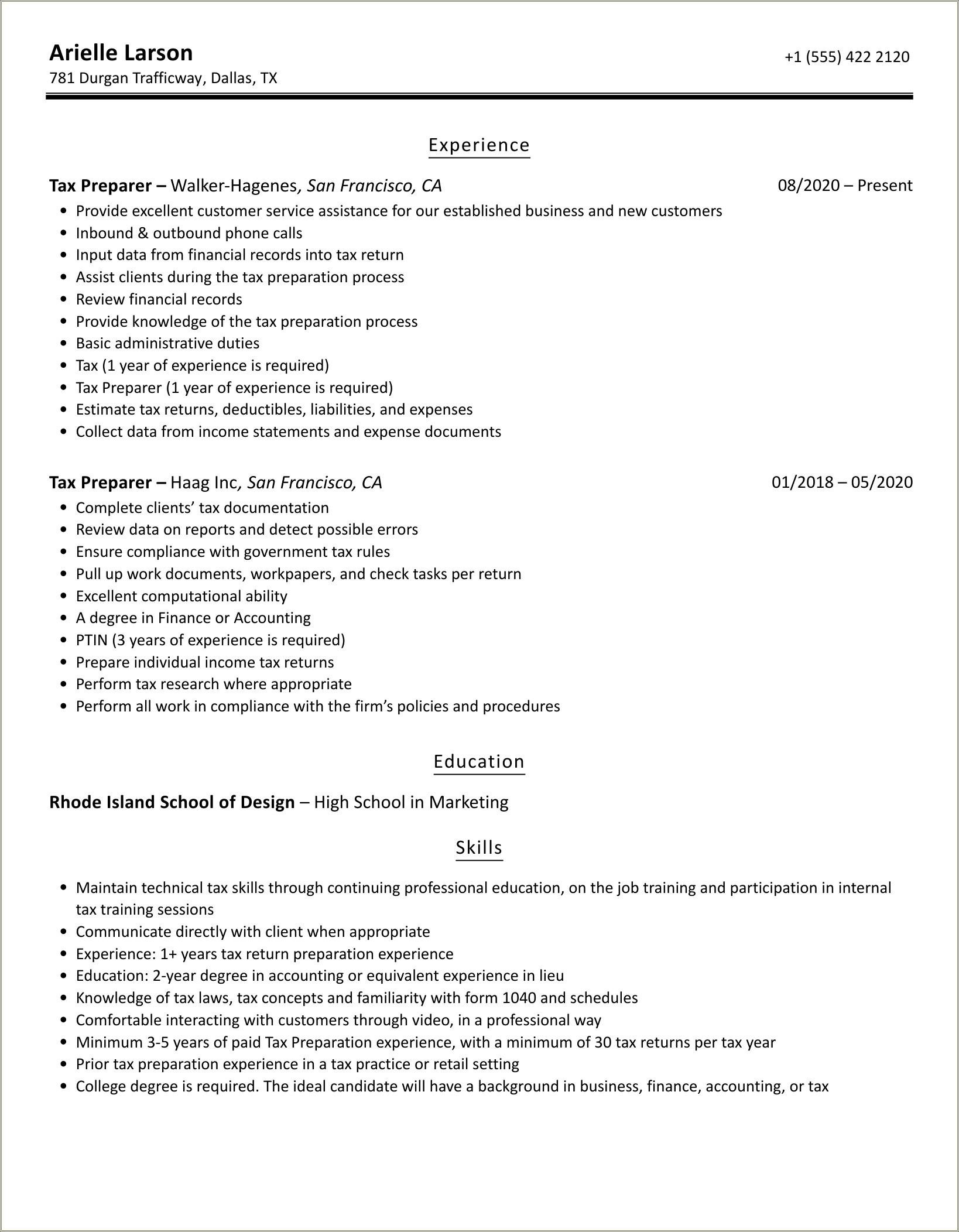 Tax Preparer Resume Sample In Word Format