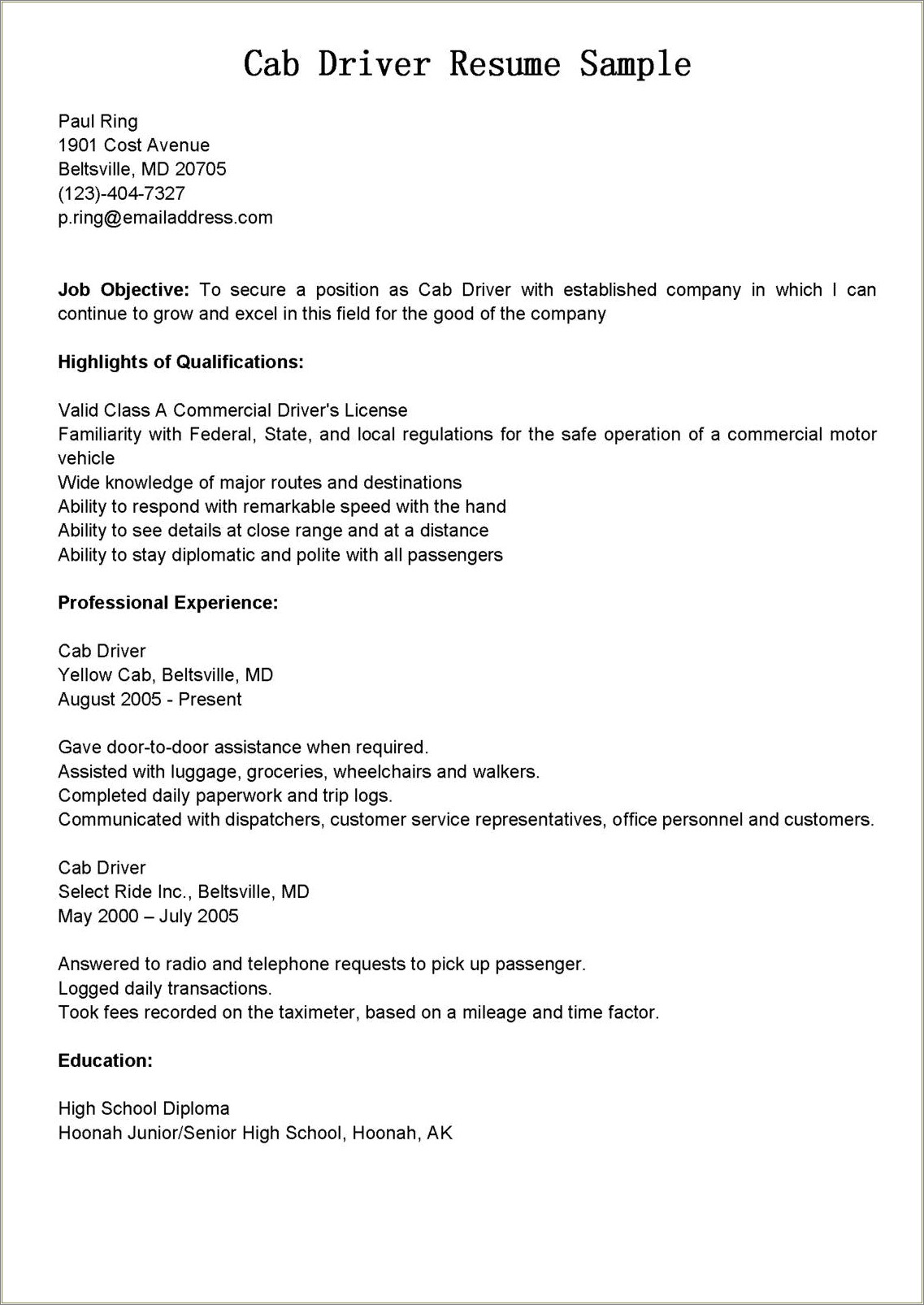 Taxi Driver Job Description For Resume