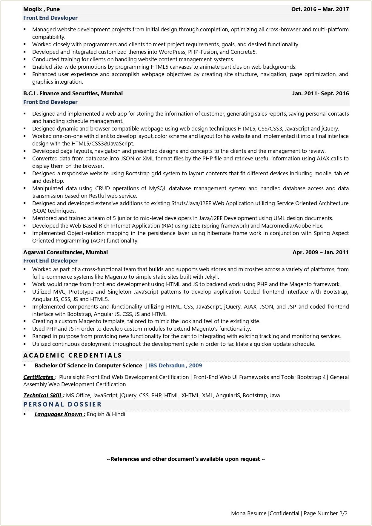 Tcs Front End Developer Resume Sample