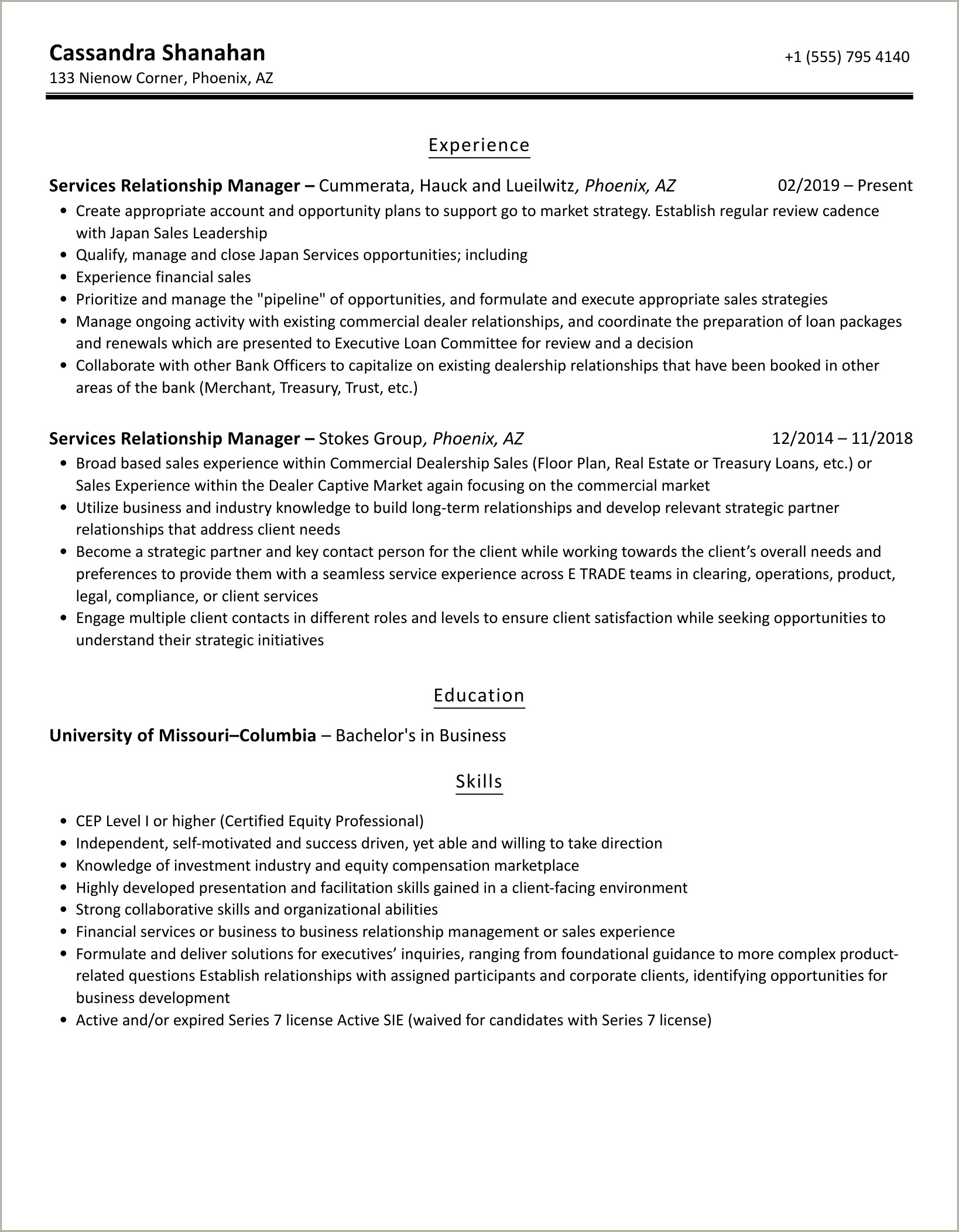 Td Ameritrade Relationship Manager Resume Summary