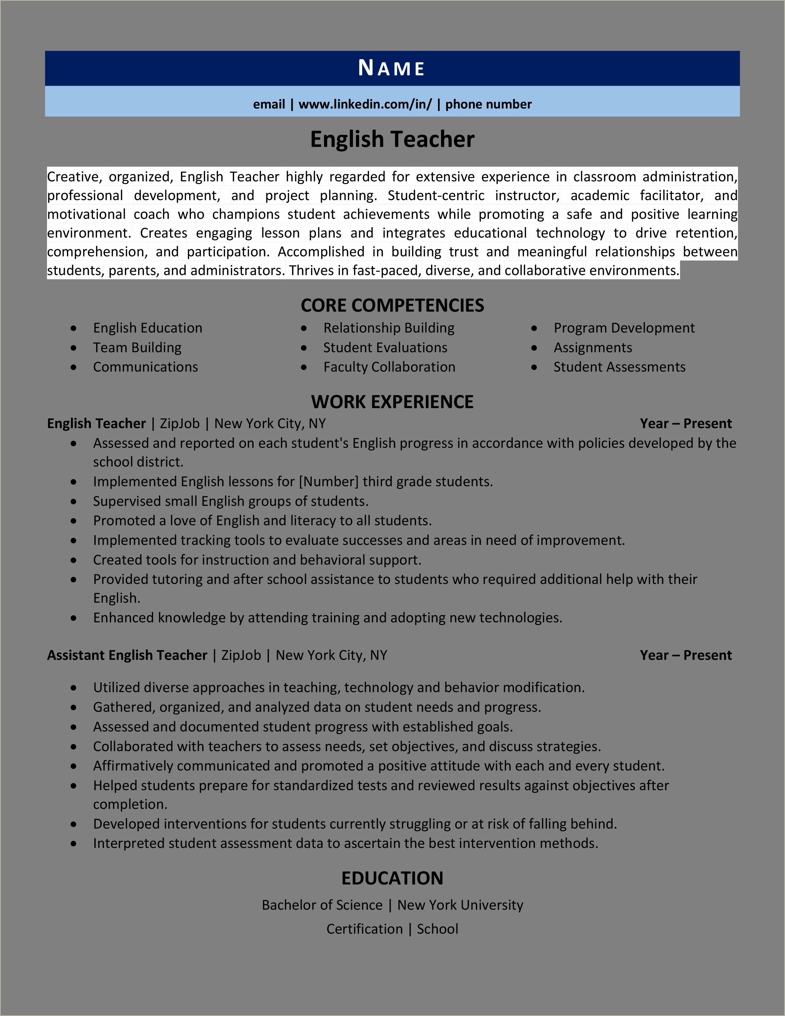 Teacher And Club Adviser Resume Sample