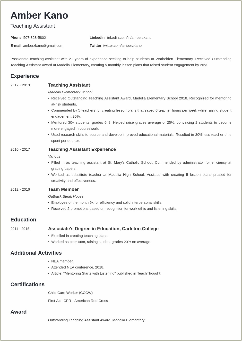 Teacher Assistant For Beginners Resume With No Experience