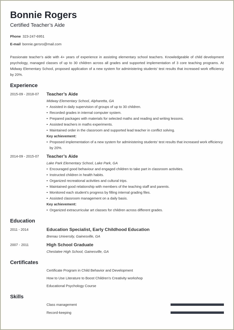 Teacher Assistant With No Experience Resume