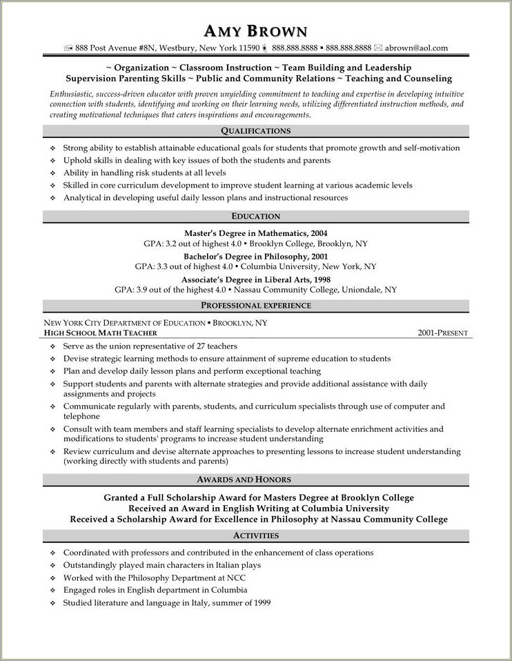 Teacher College Columbia University Resume Sample