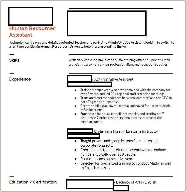 Teacher Resume For Administrative Asssistant Job