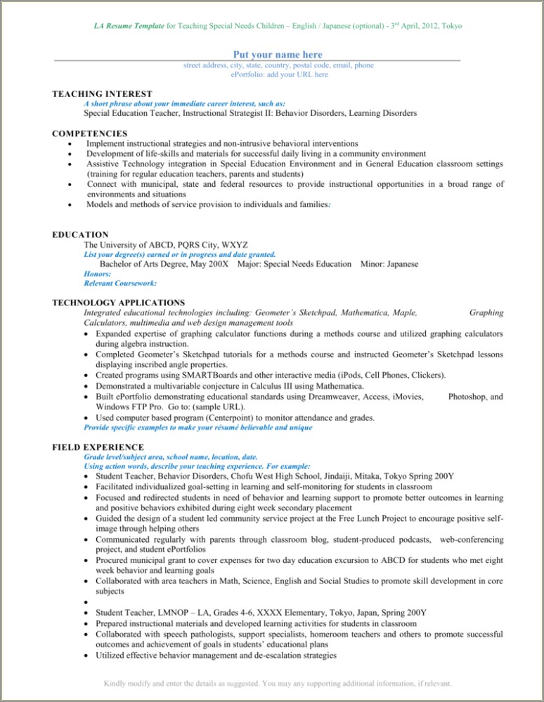 Teacher Resume Samples For Handicap Kids