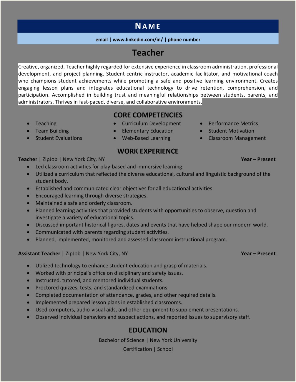 Teacher Resume Substitute Experience Or Student Teaching