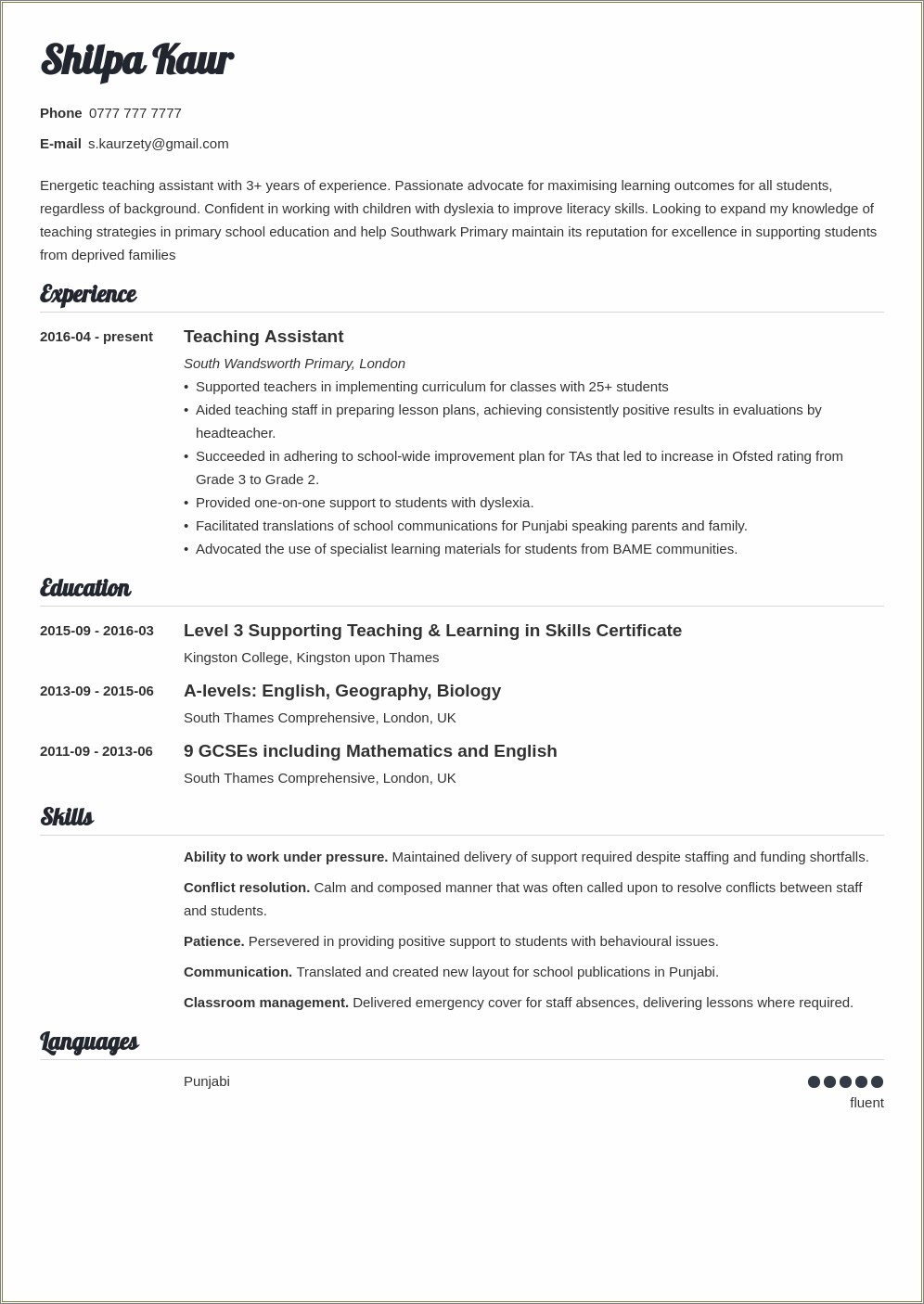 Teachers Assistant College Job Description For Resume