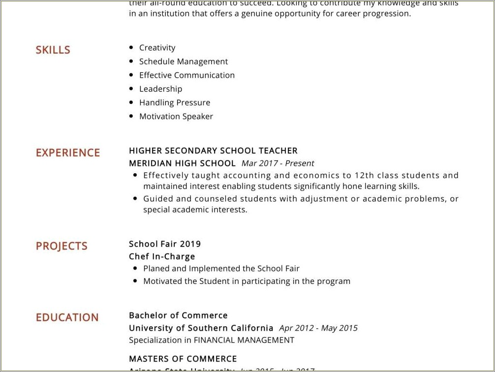 Teachers Fresh Out Of School Resume Examples