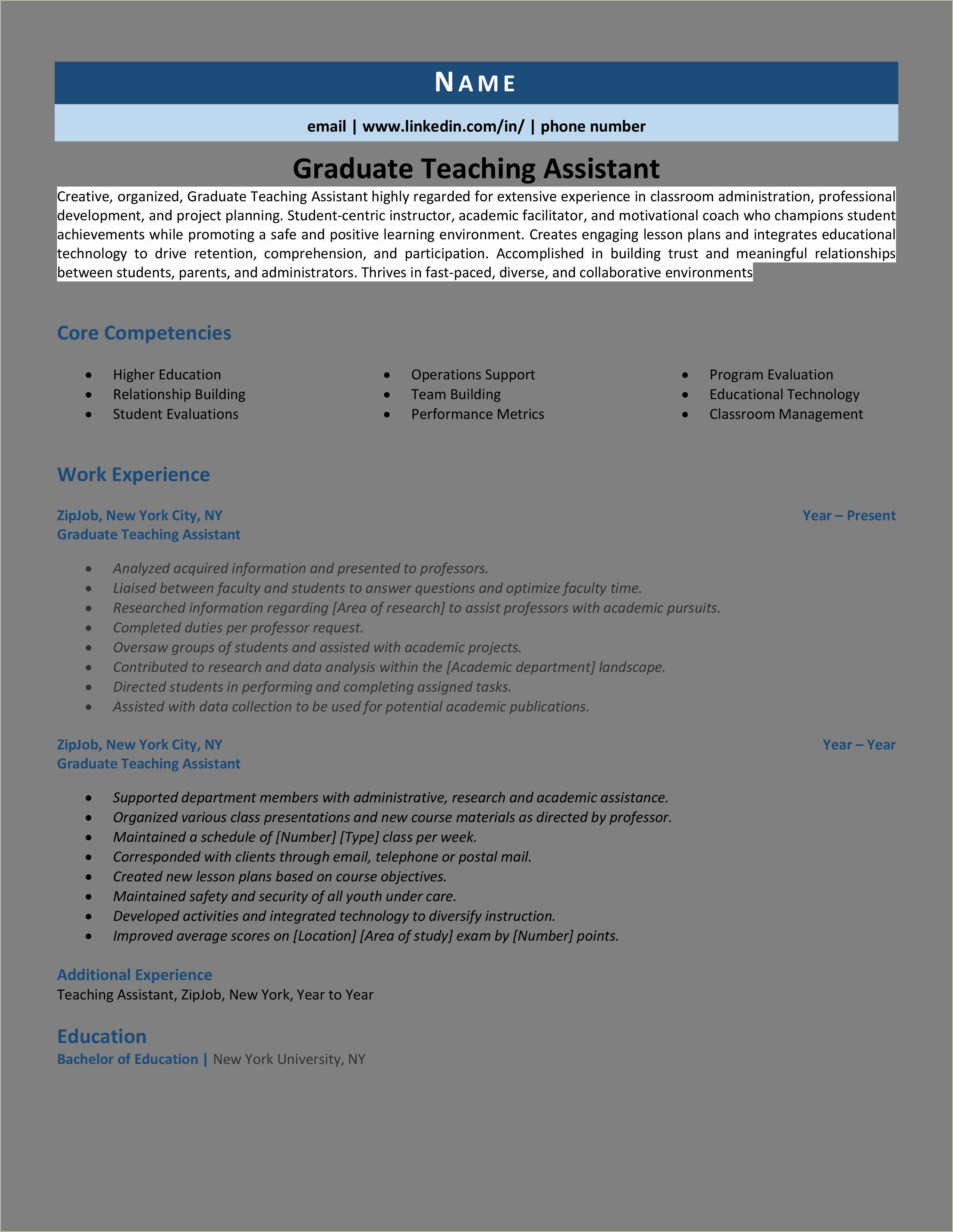 Teaching Assistant For Graduation Job Description Resume