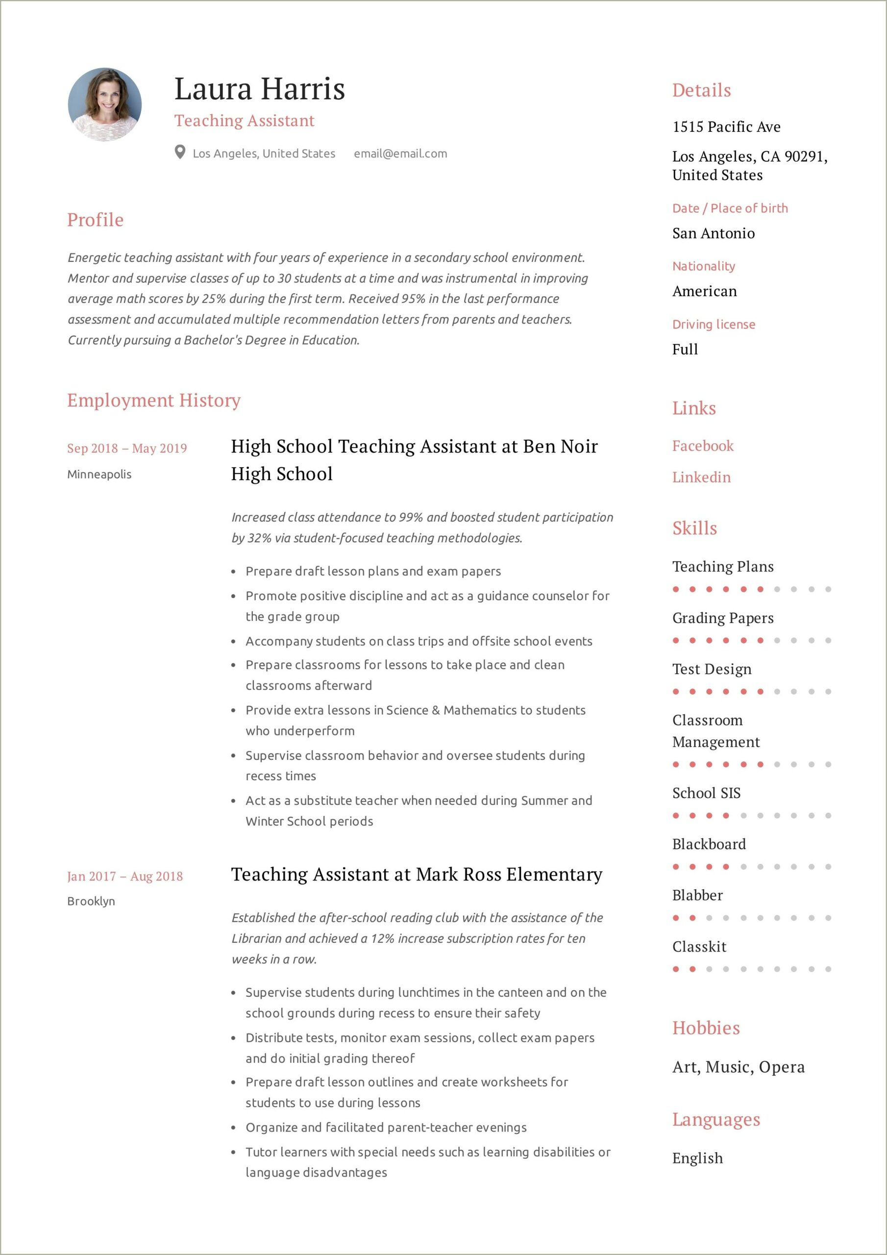 Teaching Assistant Job Description Elementary School Resume