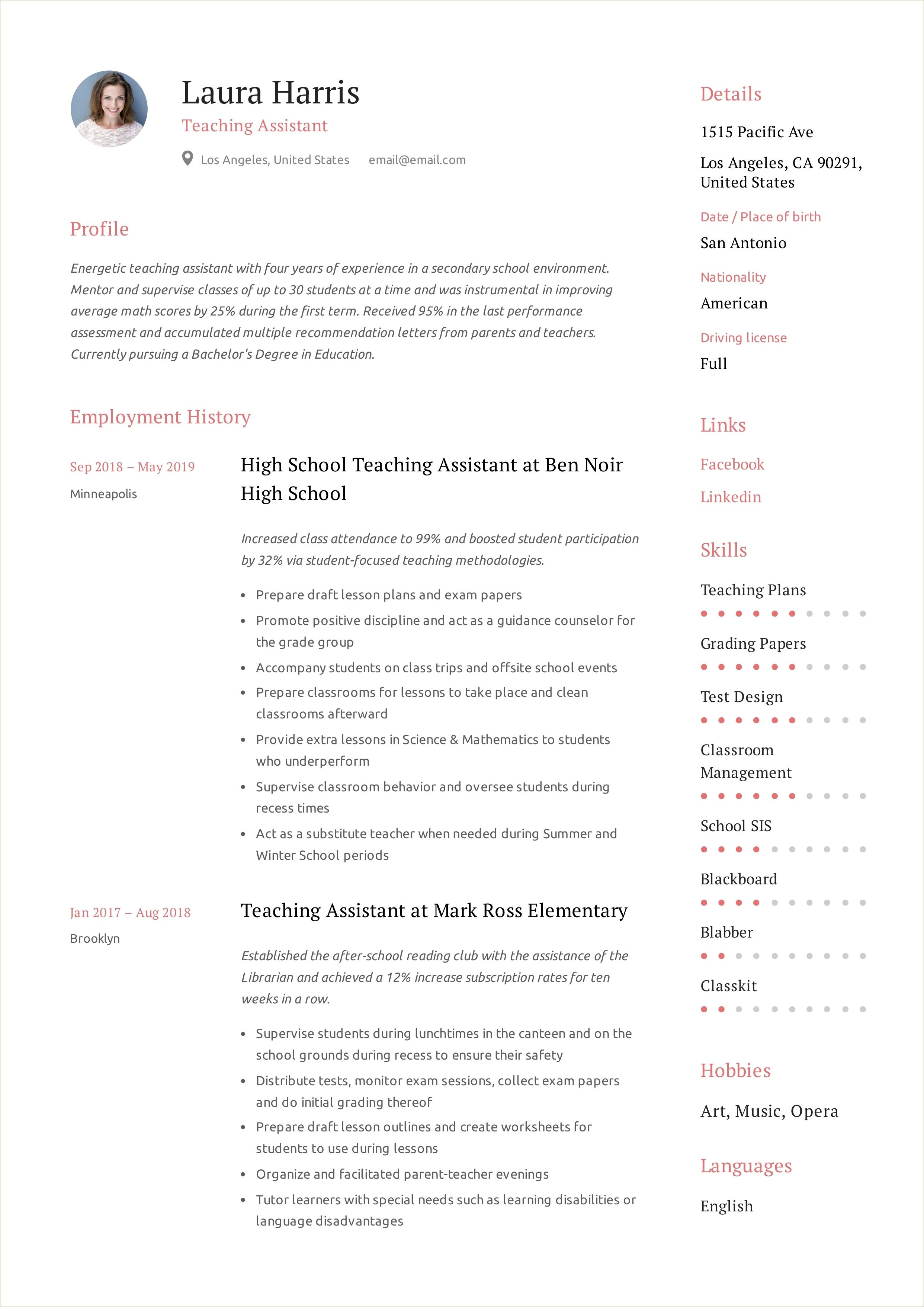 Teaching Assistant Job Description Elementary School Resume