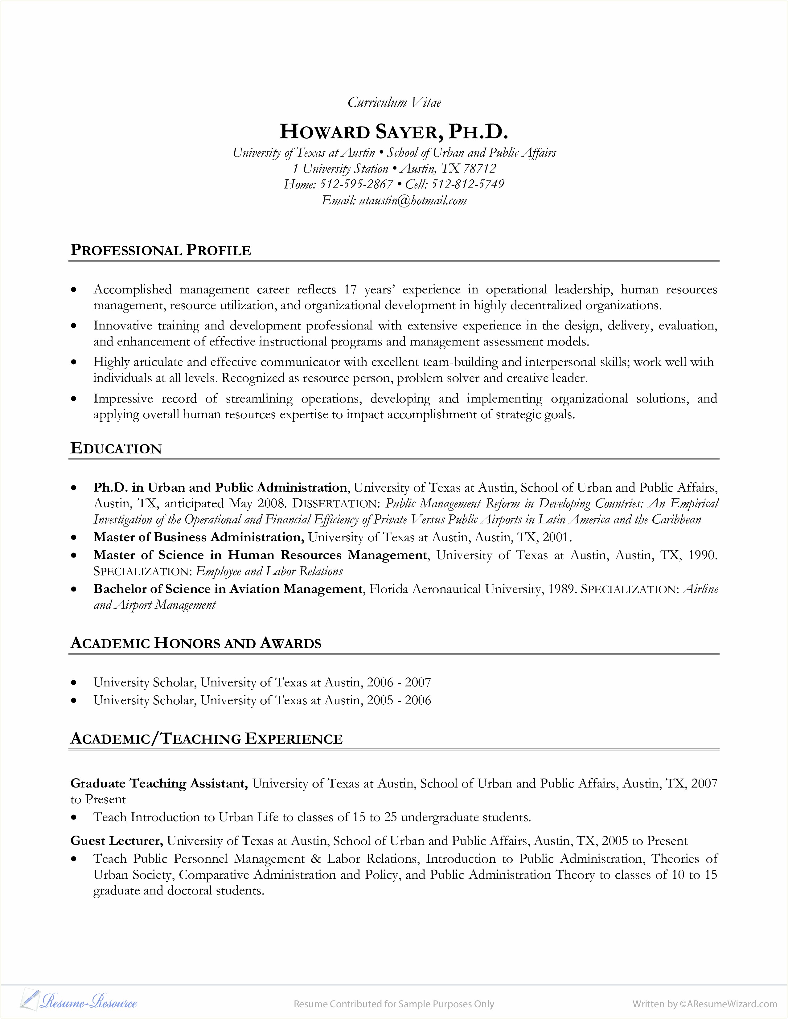 Teaching Experience For Human Resource Resumes