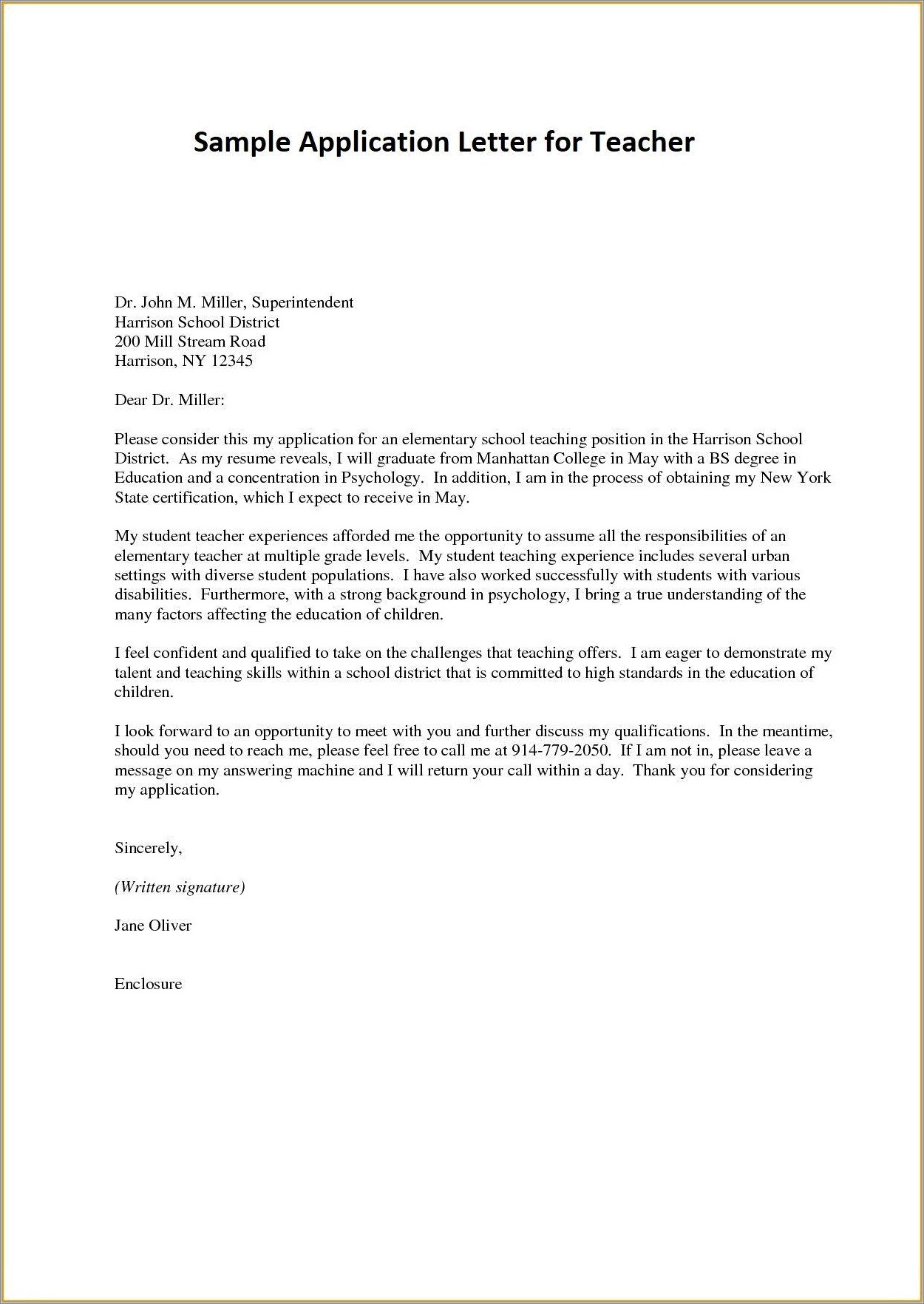 Teaching Resume Elementary School Cover Letter