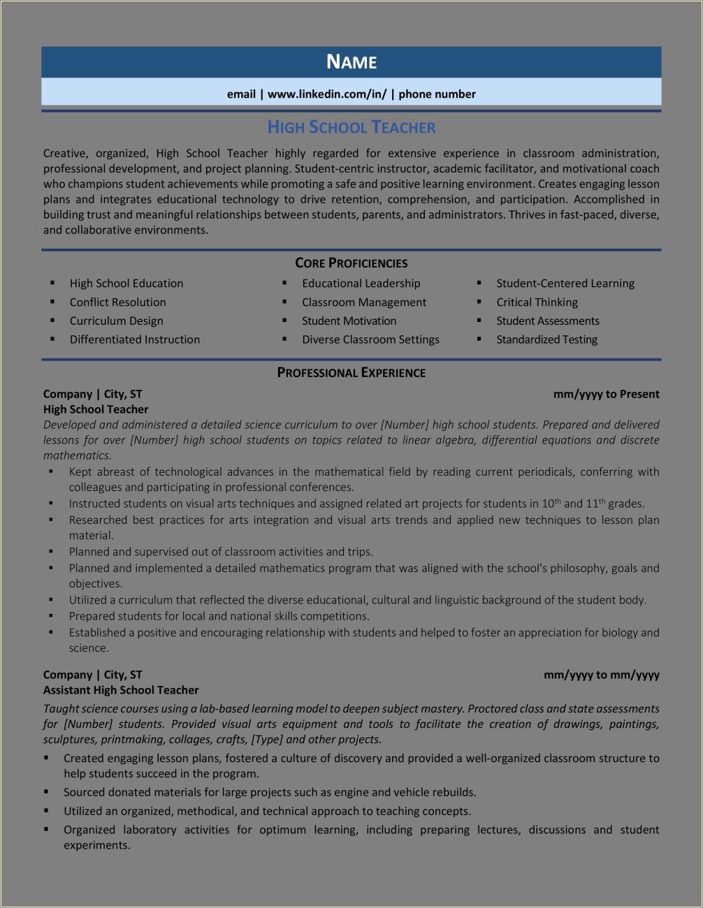 Teaching Resume Examples Missouri High School