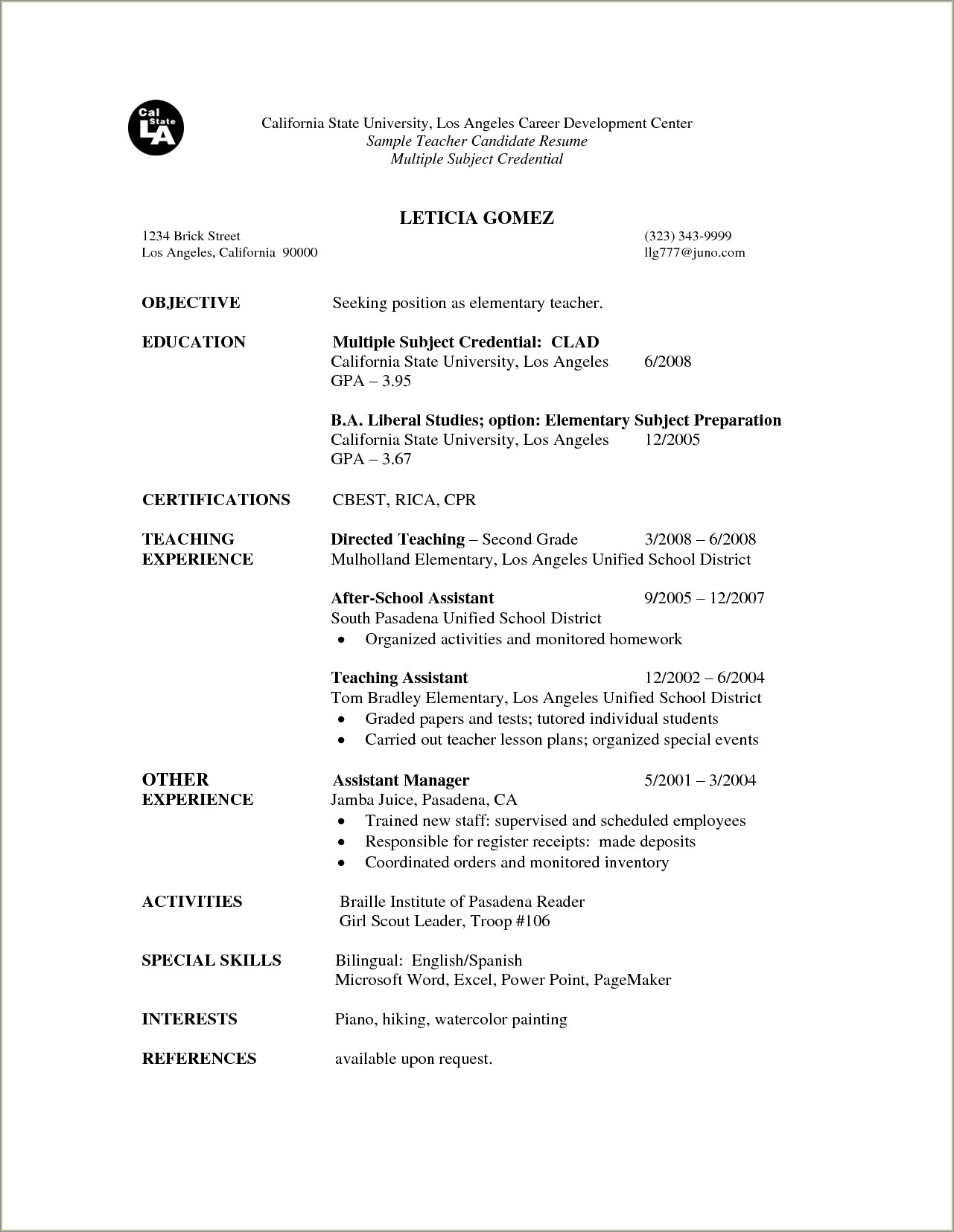 Teaching Resume Sample For Teaching Positions