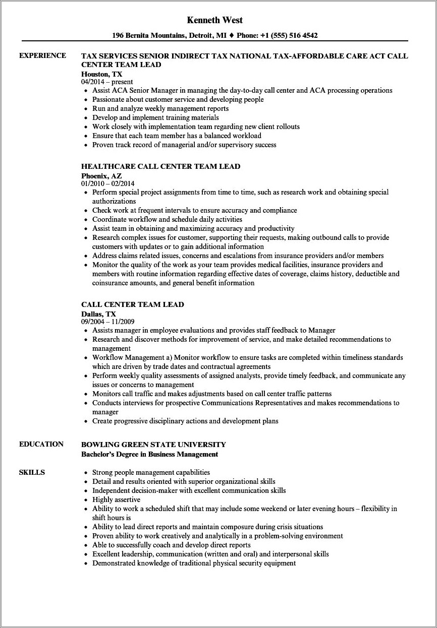 Team Lead Job Description Resume Call Center