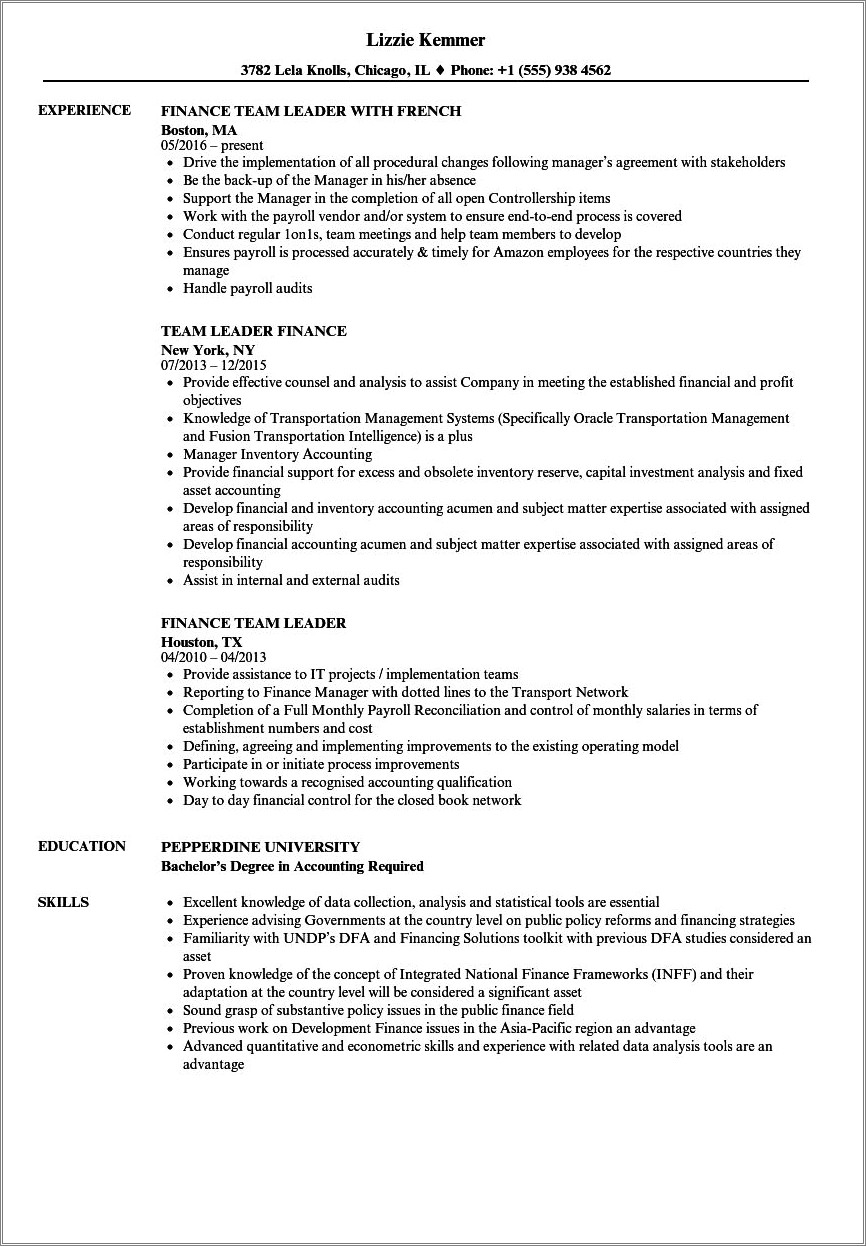 Team Lead Job Description Resume Sample