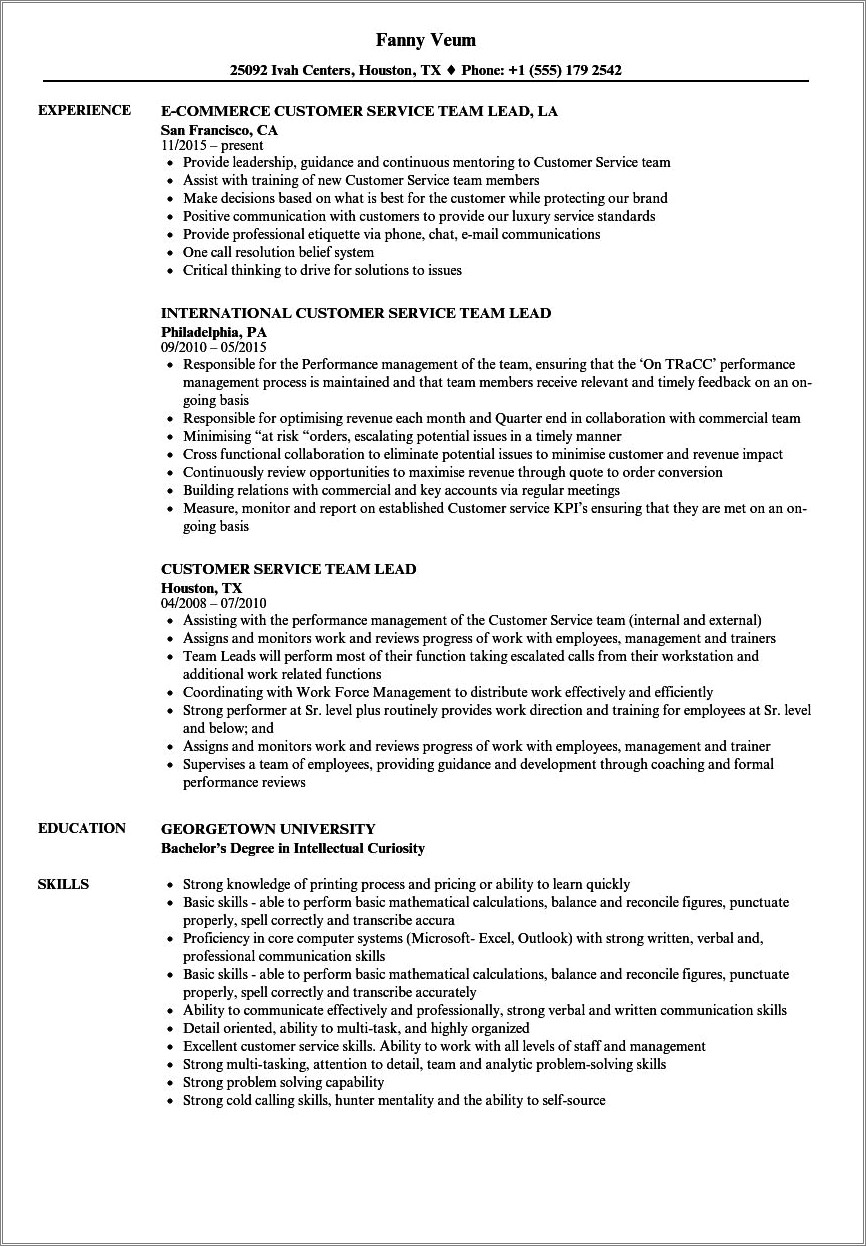 Team Leader Job Description Resume Customer Service