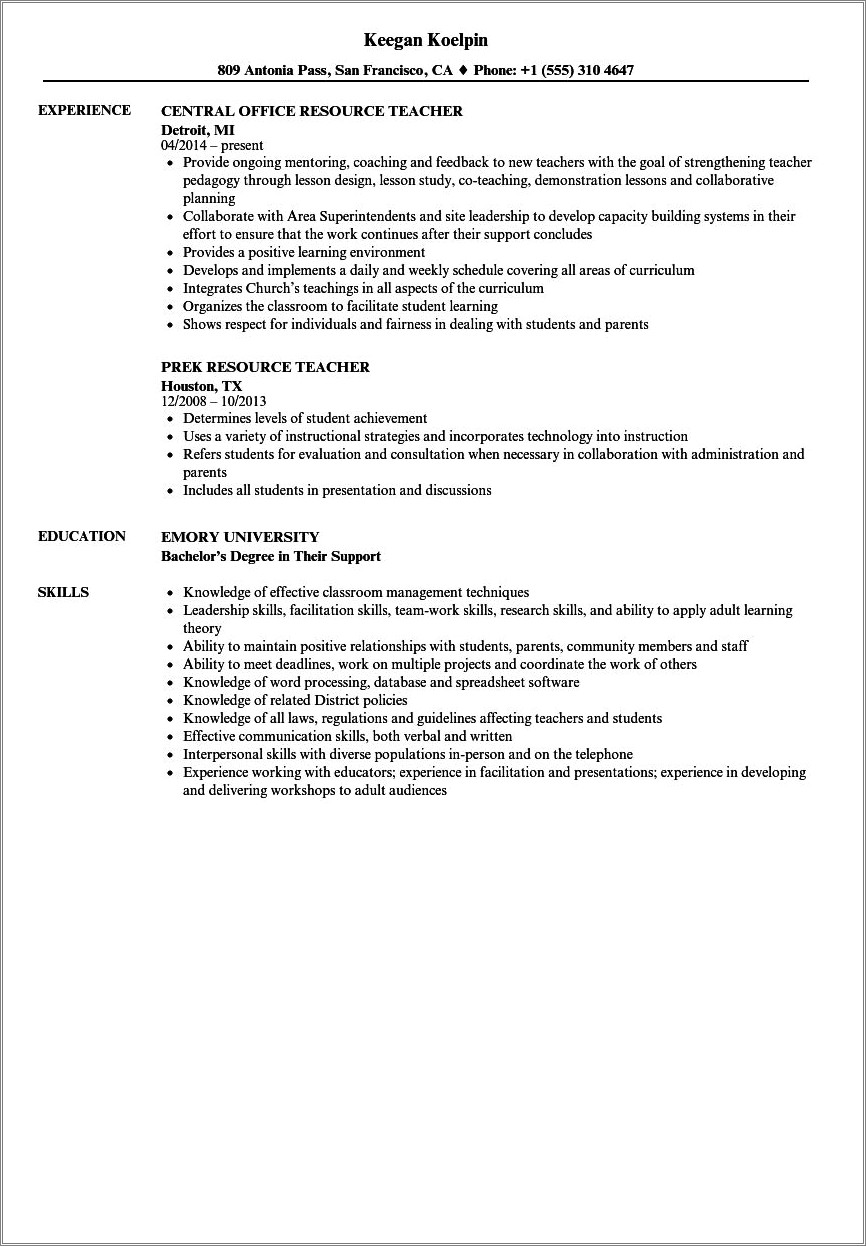 Tech Areas Good For Teacher Resume