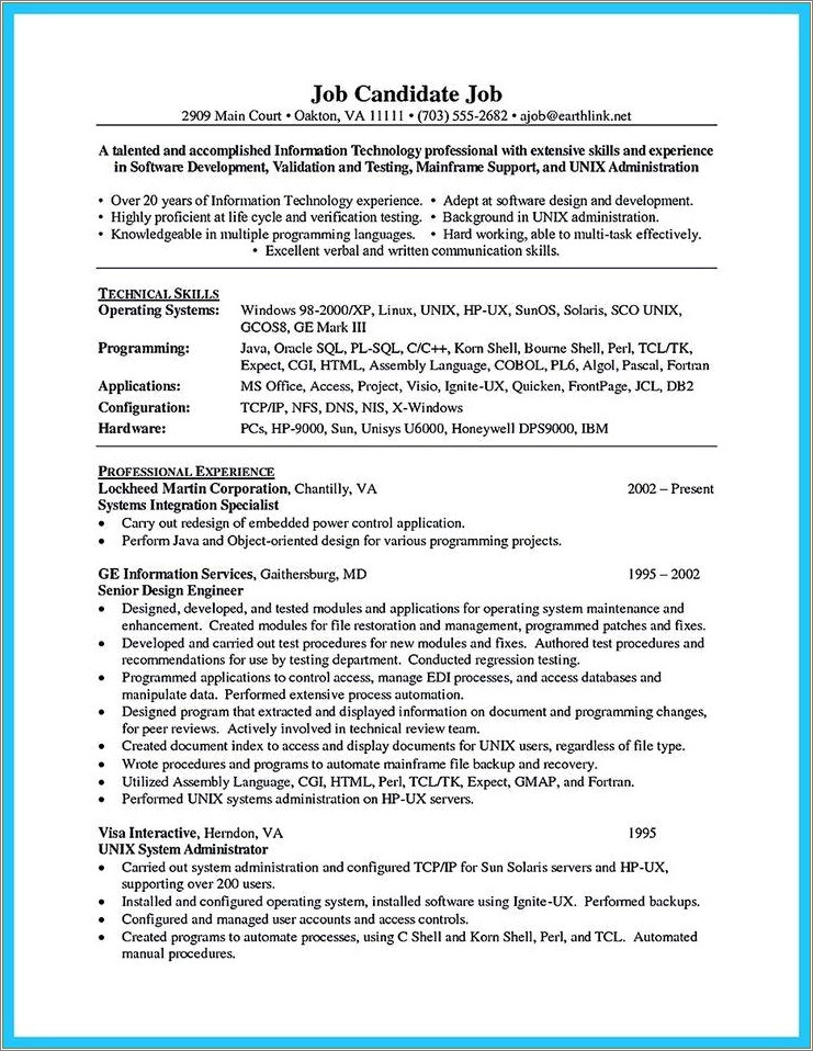 Technical Experience Resume Of C Unix Developer