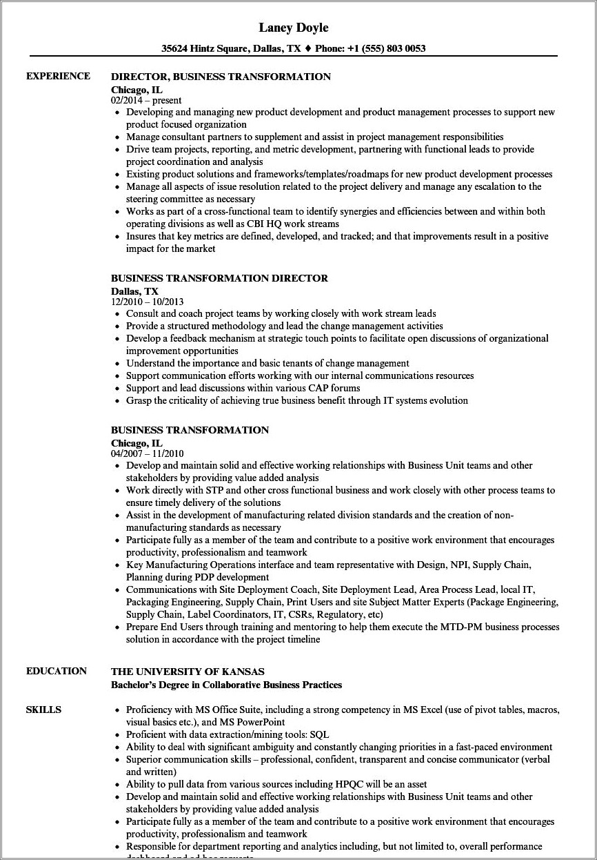 Technical It Transformation Director Sample Resume