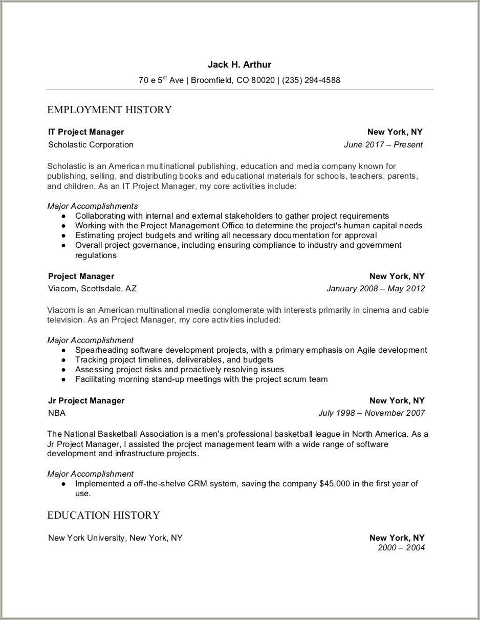 Technical Project Manager Resume Sample Doc