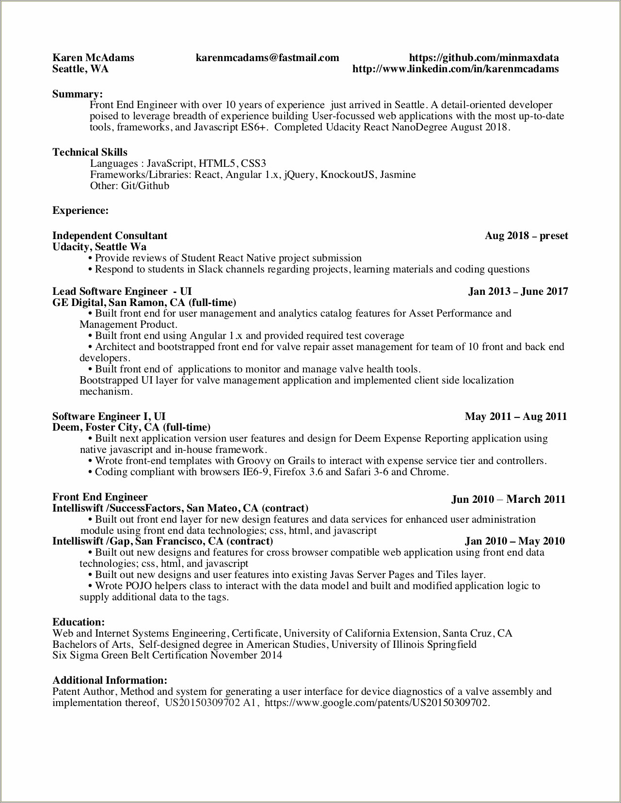 Technical Resume Examples For Front End Developer