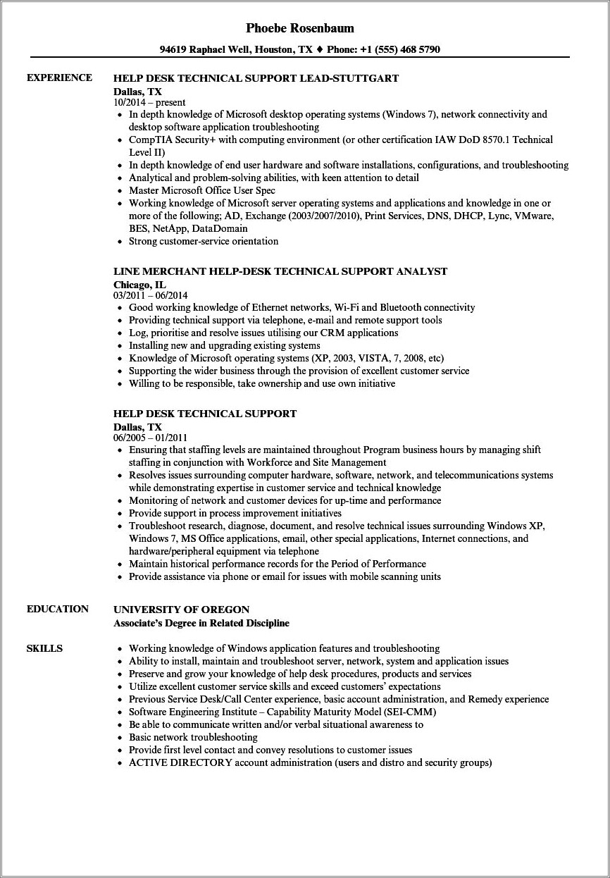 Technical Service Desk Support Sample Resume