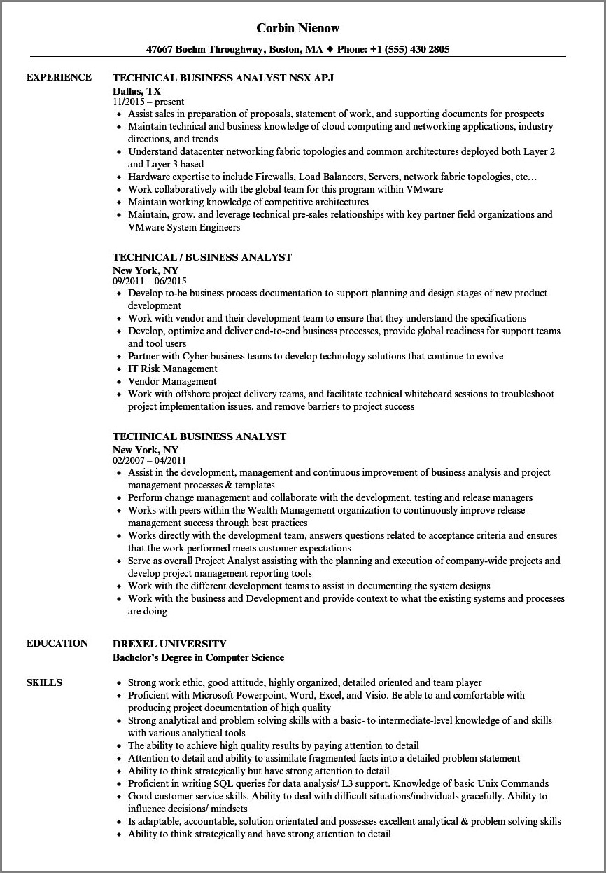 Technical Skills In Resume For Business Analyst