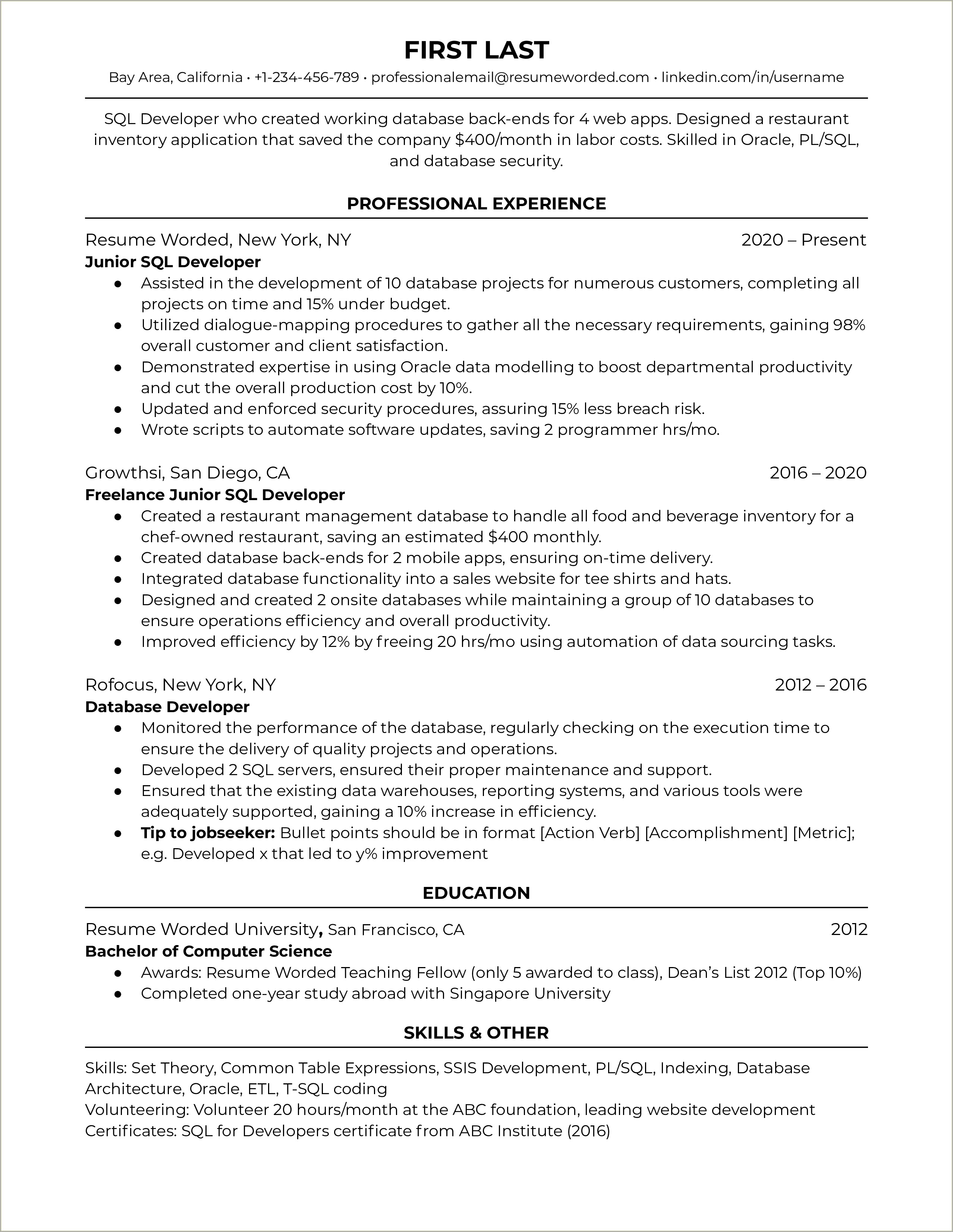 Technical Skills In Resume For Sql