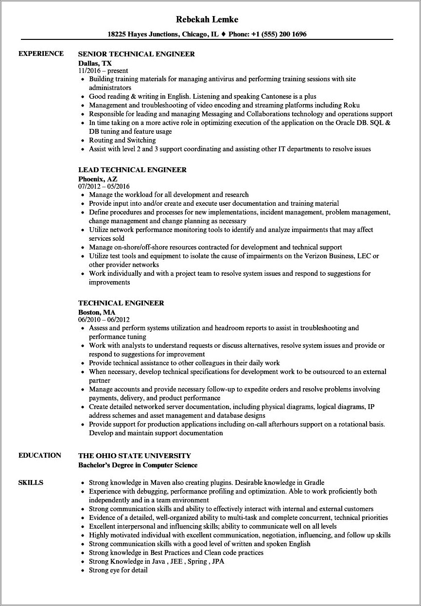 Technical Skills Resume Examples For Engineers