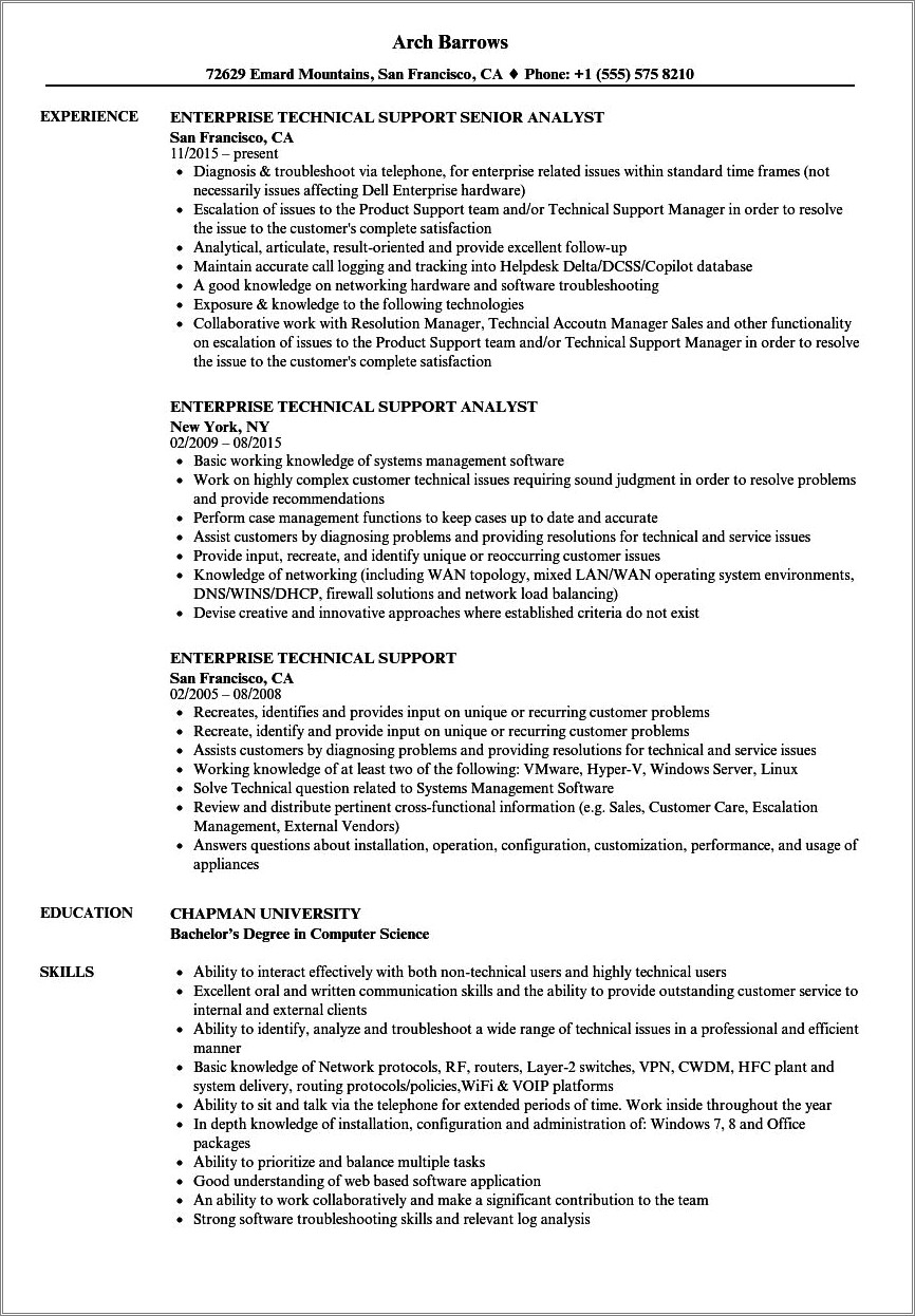 Technical Support Job Description For Resume