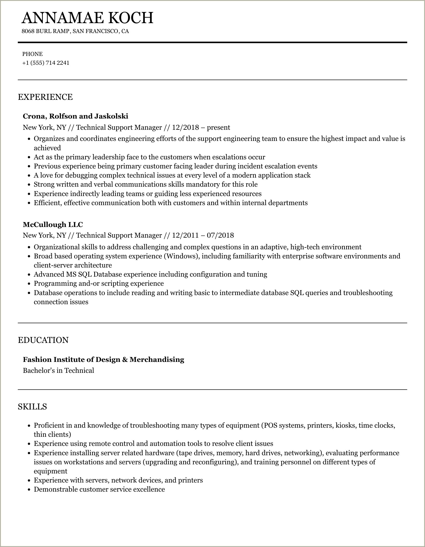 Technical Support Manger Resume Examples 2018