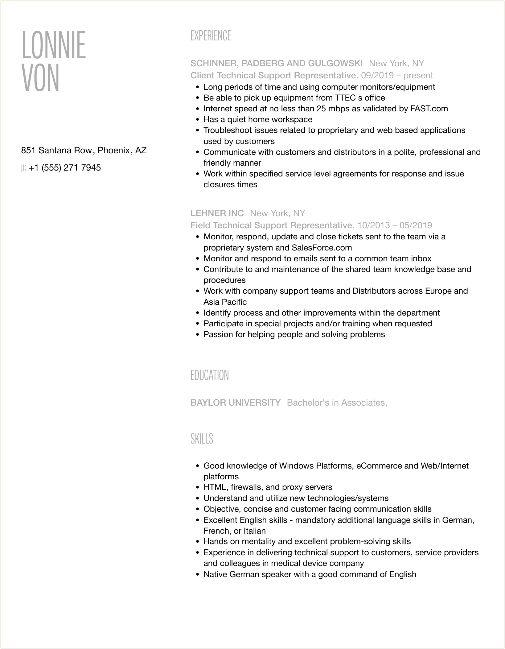 Technical Support Representative Job Description Resume