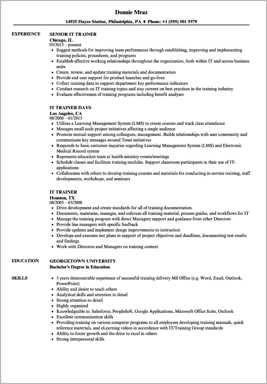 Technical Support Trainer Job Description Resume