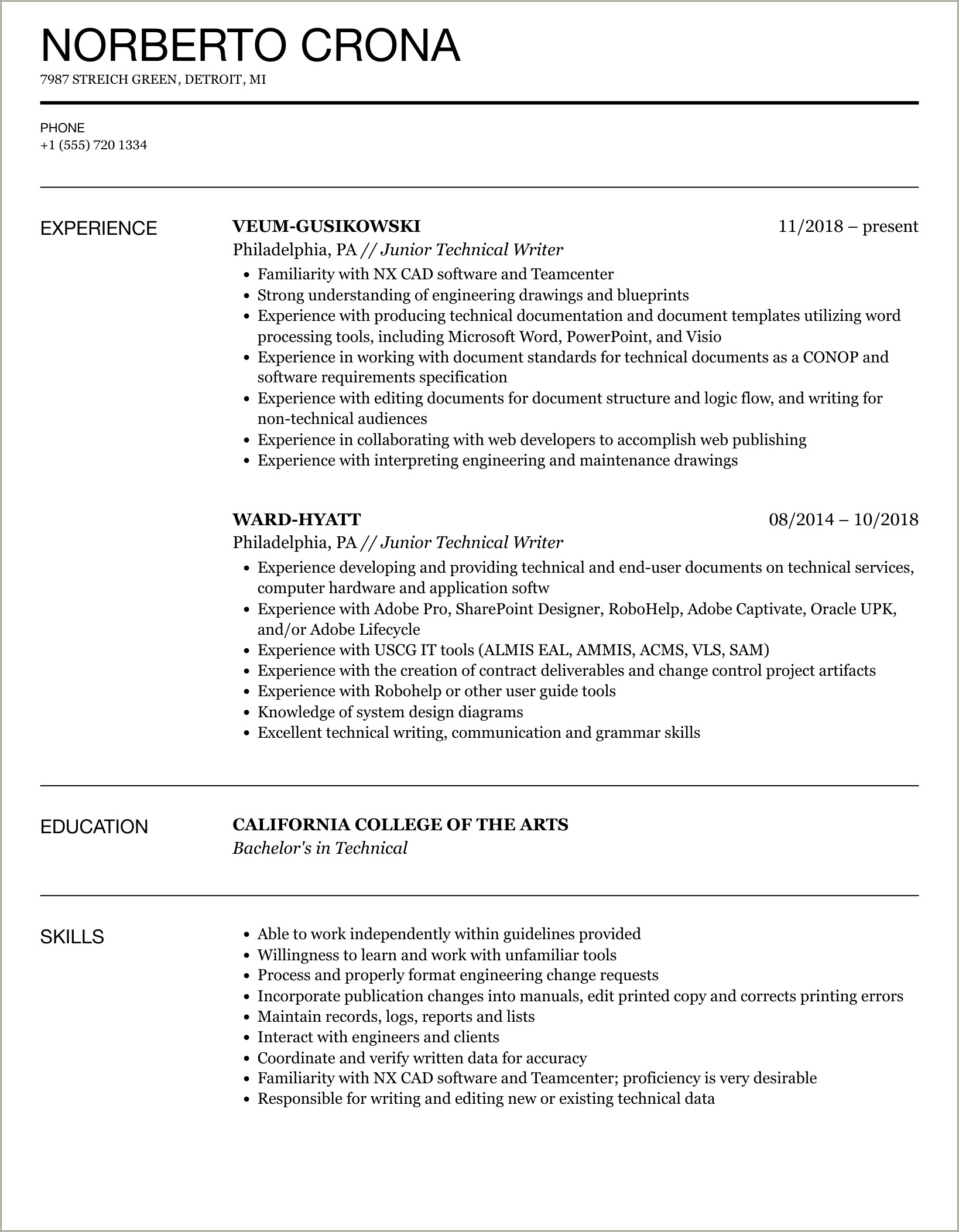 Technical Writer With No Experience Resume Examples