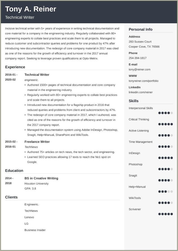 Technical Writing Resume Samples For Freshers