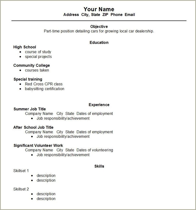 Teenage Part Time Job Resume Template