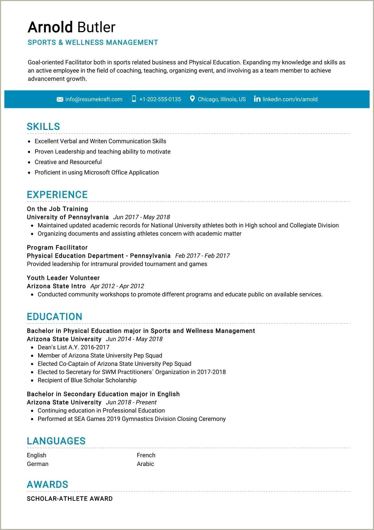 Teenage Resume For Sports And Awards Examples