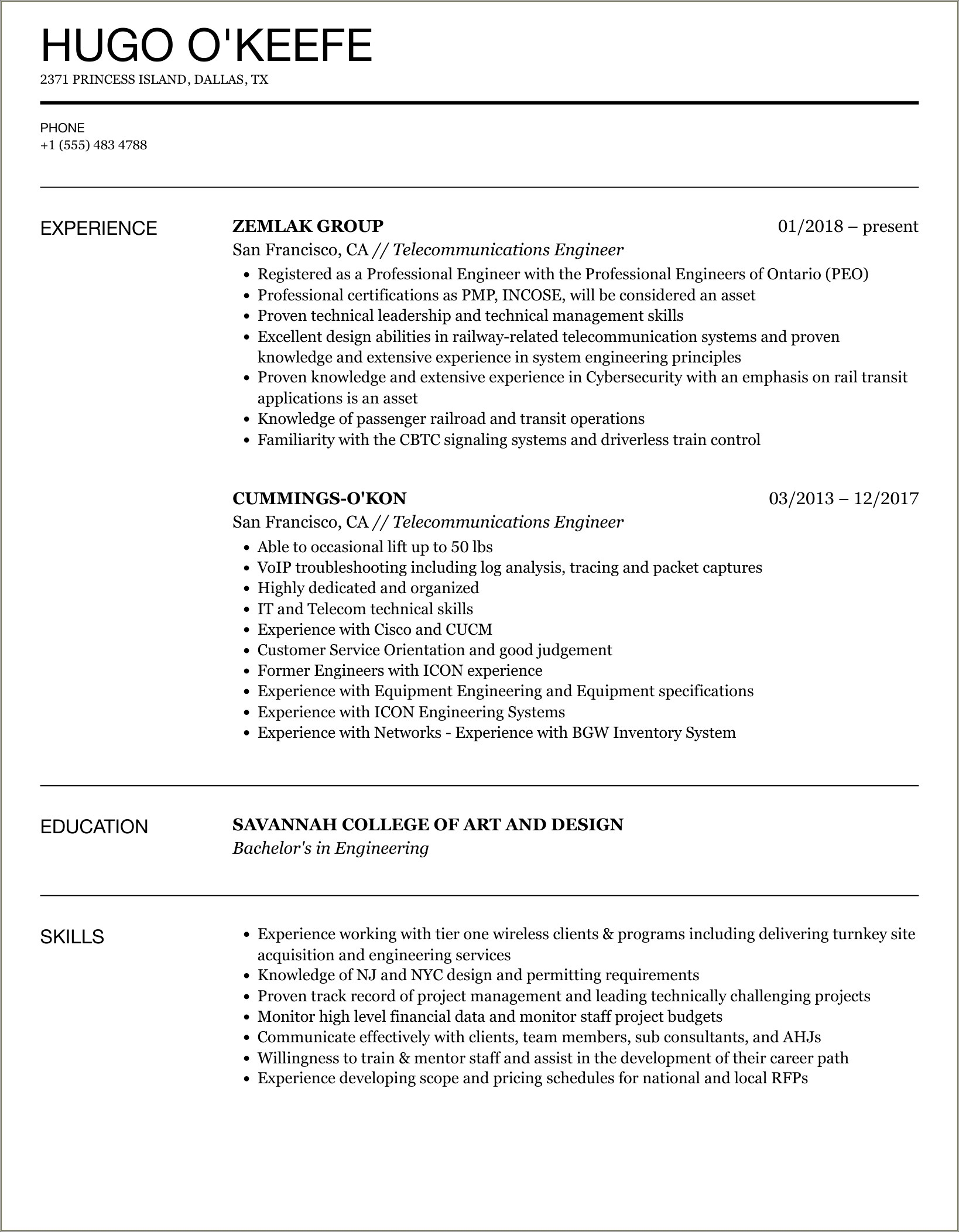 Telecom O&m Engineer Resume Sample