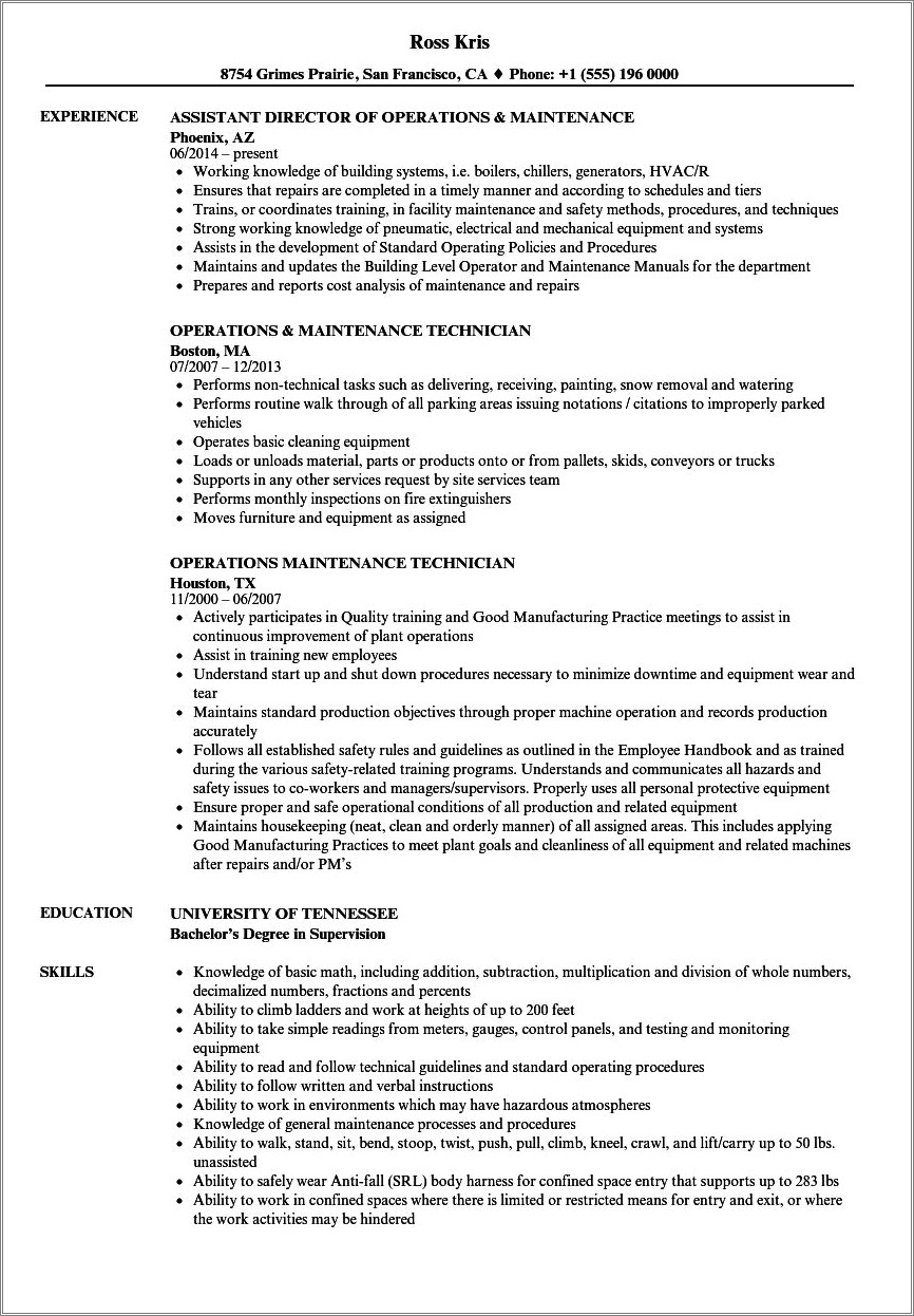 Telecom Operation And Maintenance Manager Resume