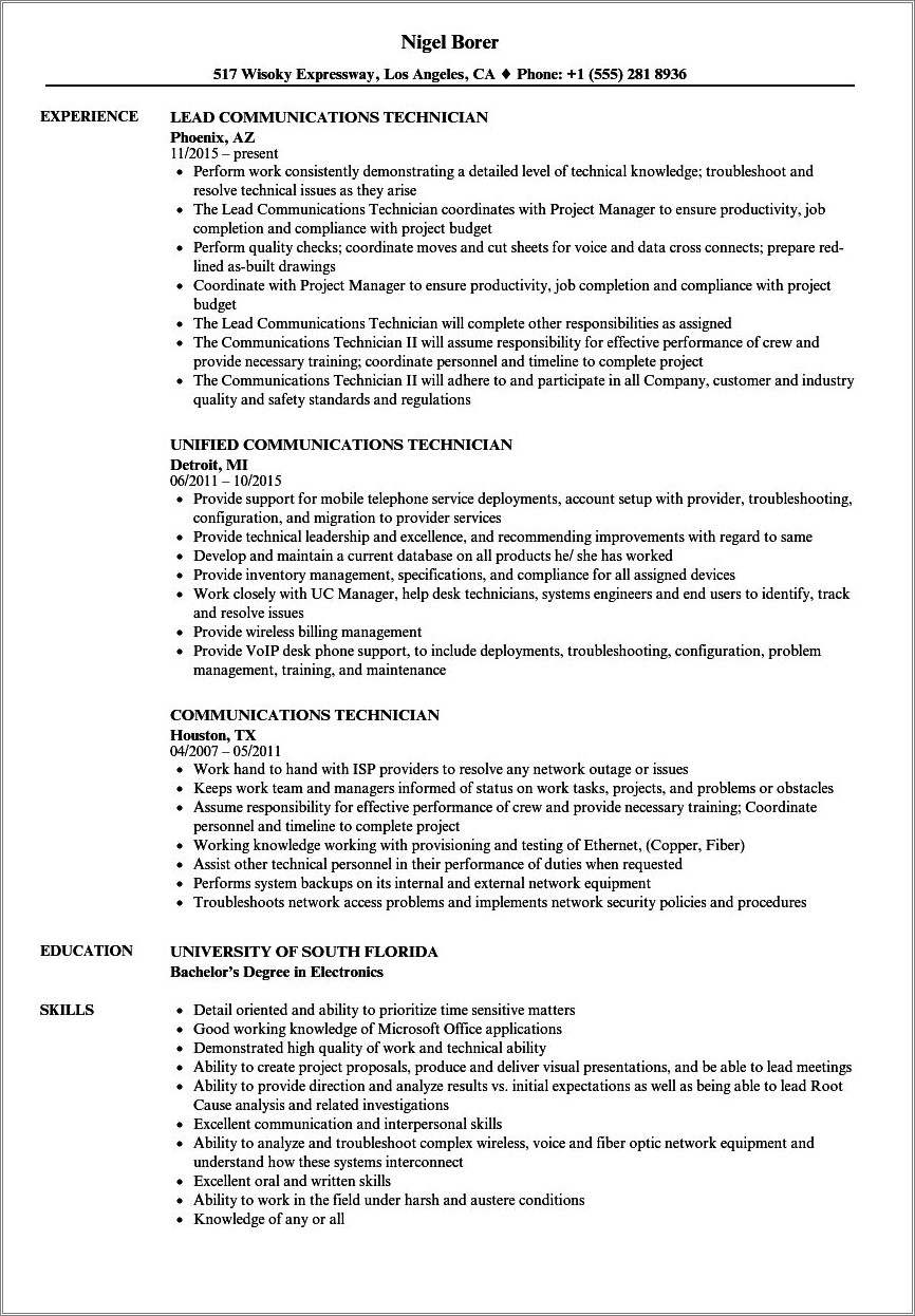 Telecommunications Technician Job Description For Resume