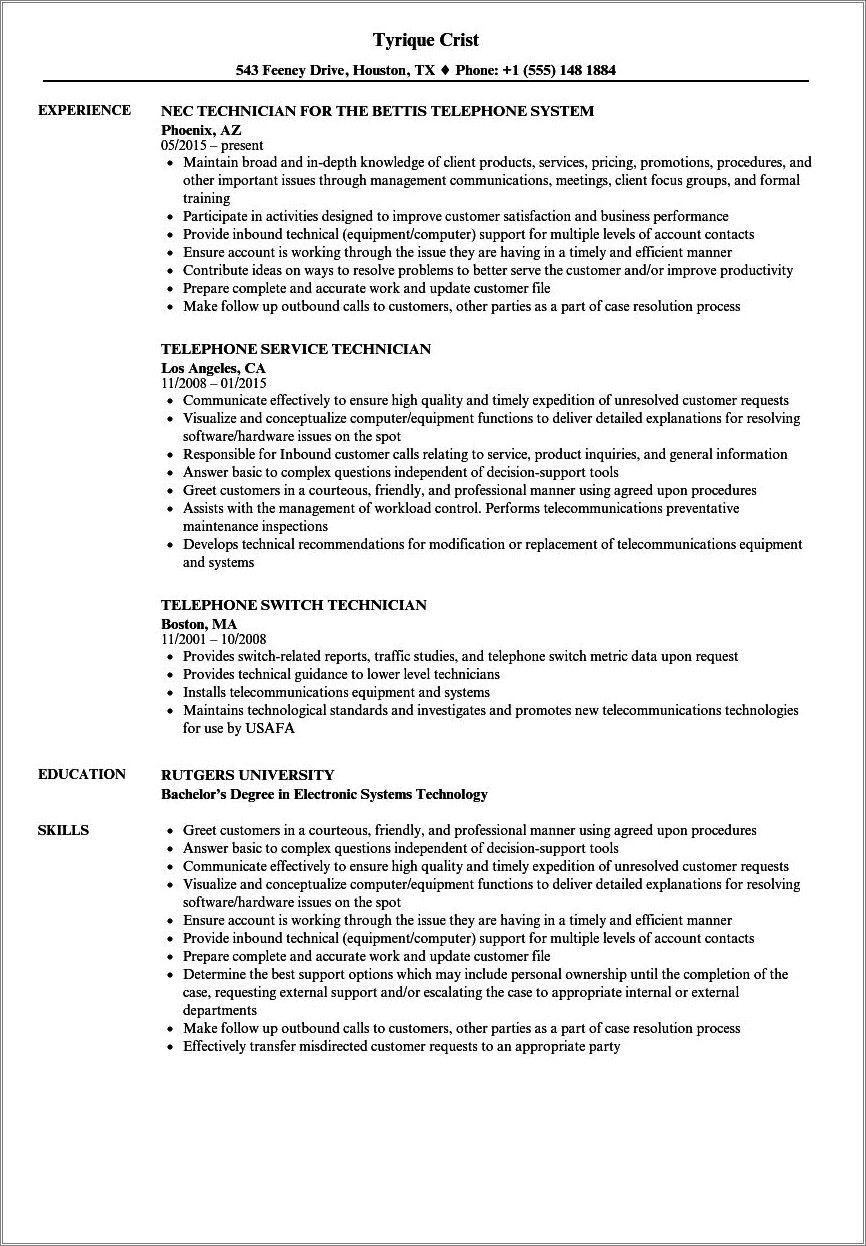 Telecommunications Technician Skills For A Resume