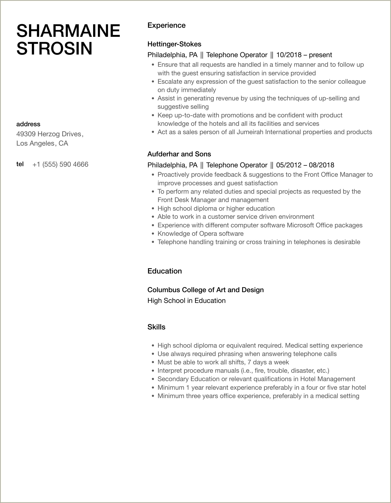 Telephone Operator Job Description For Resume