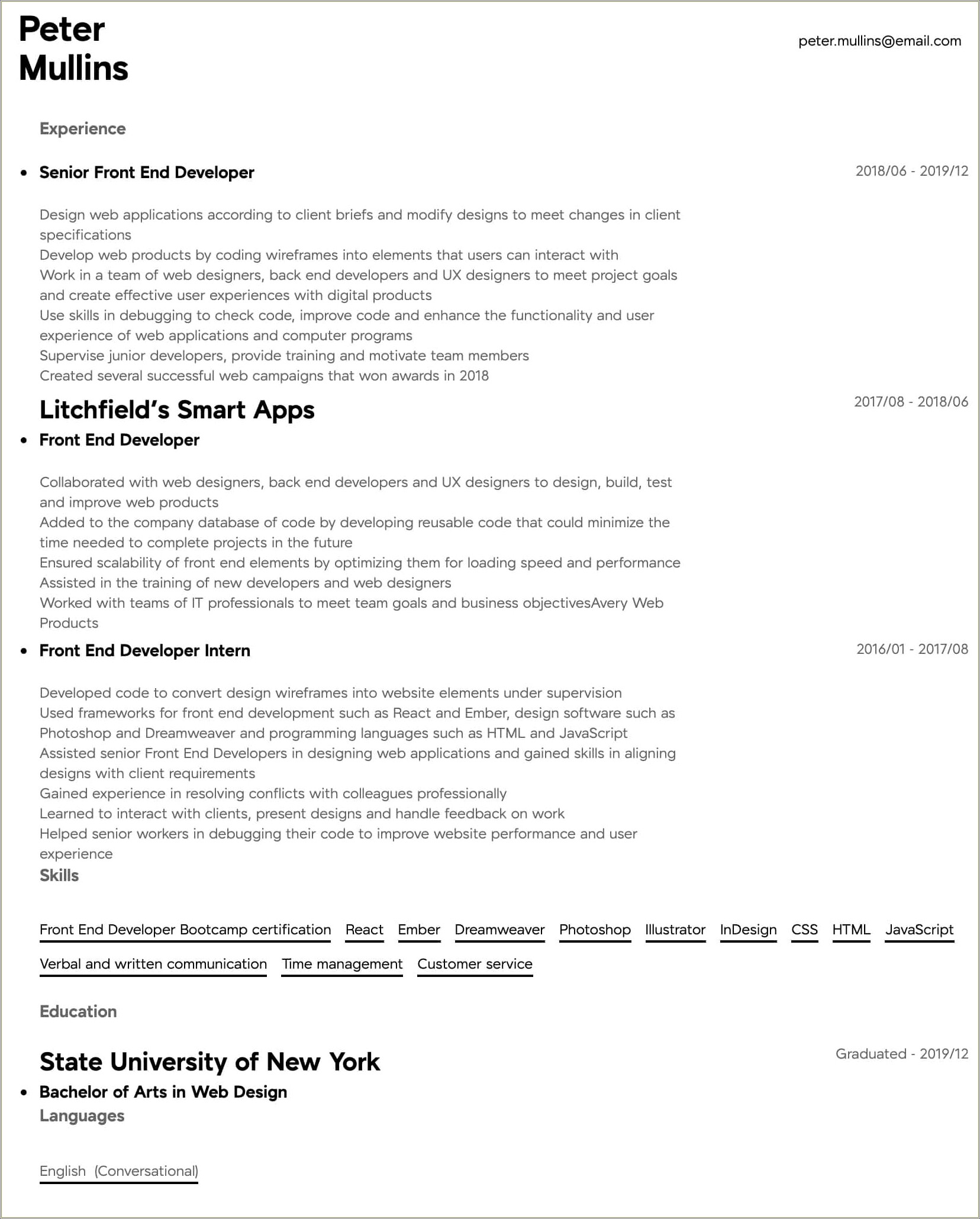 Template Entry Level Developer Resume