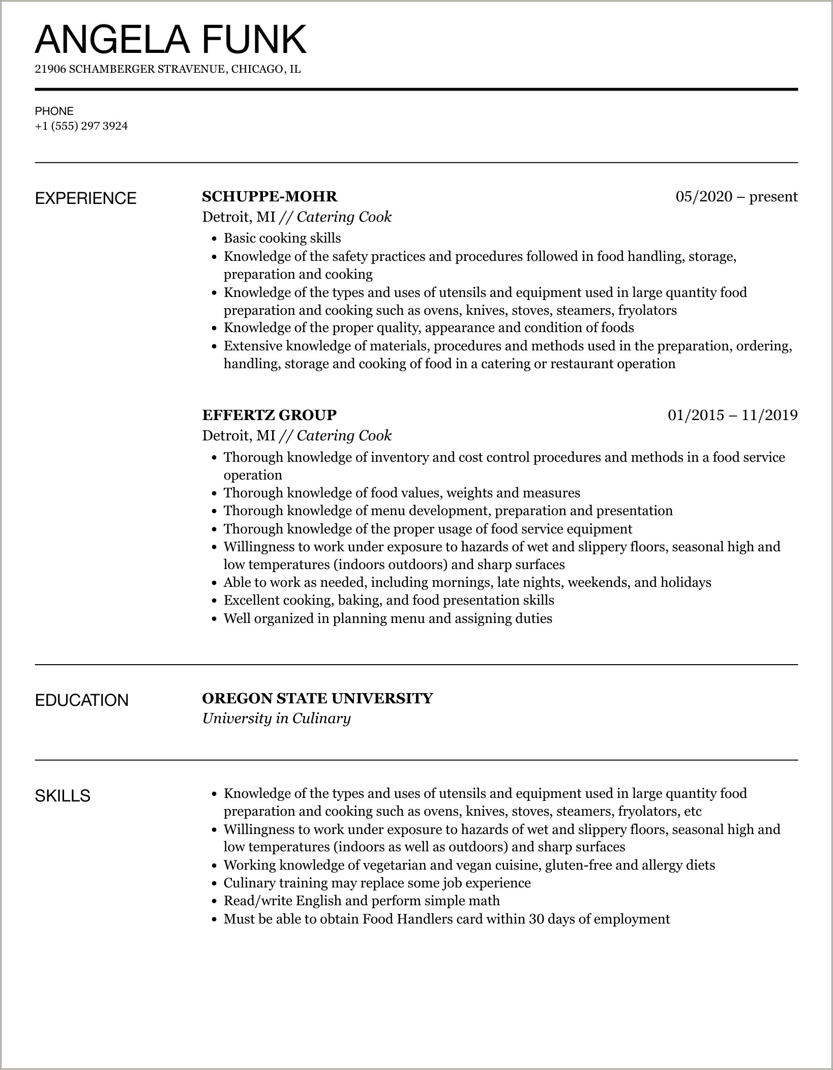 Template For Cooking And Catering Resume