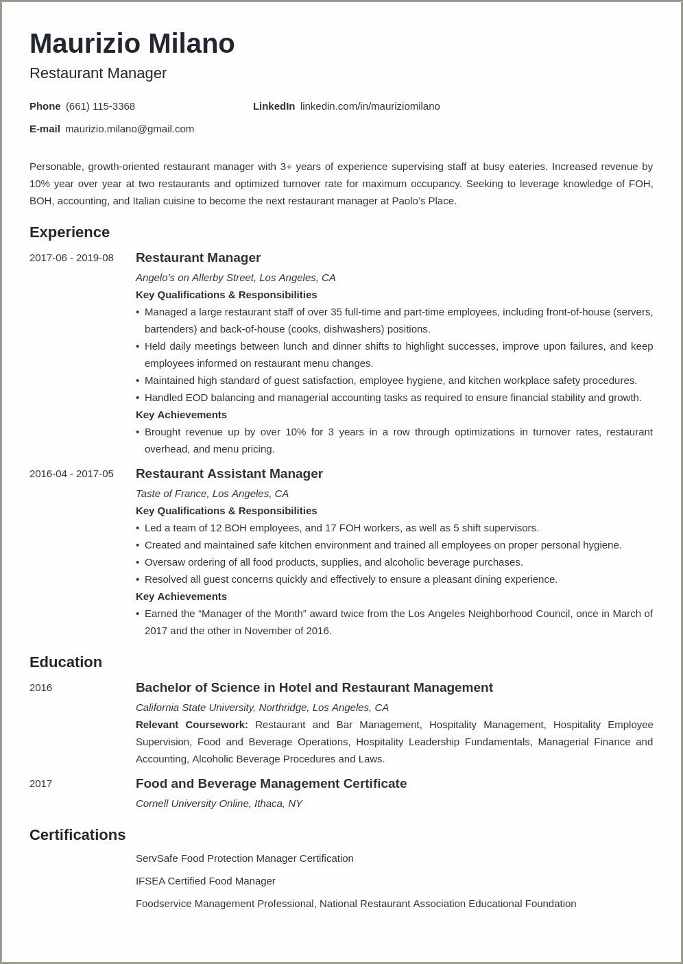 Template For Resume Banker Resurant Manager Experience