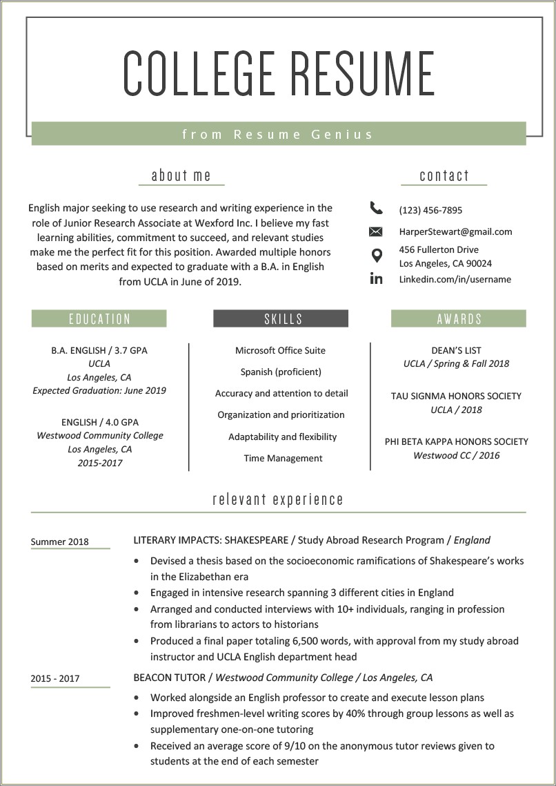 Template Of A College Student Resume